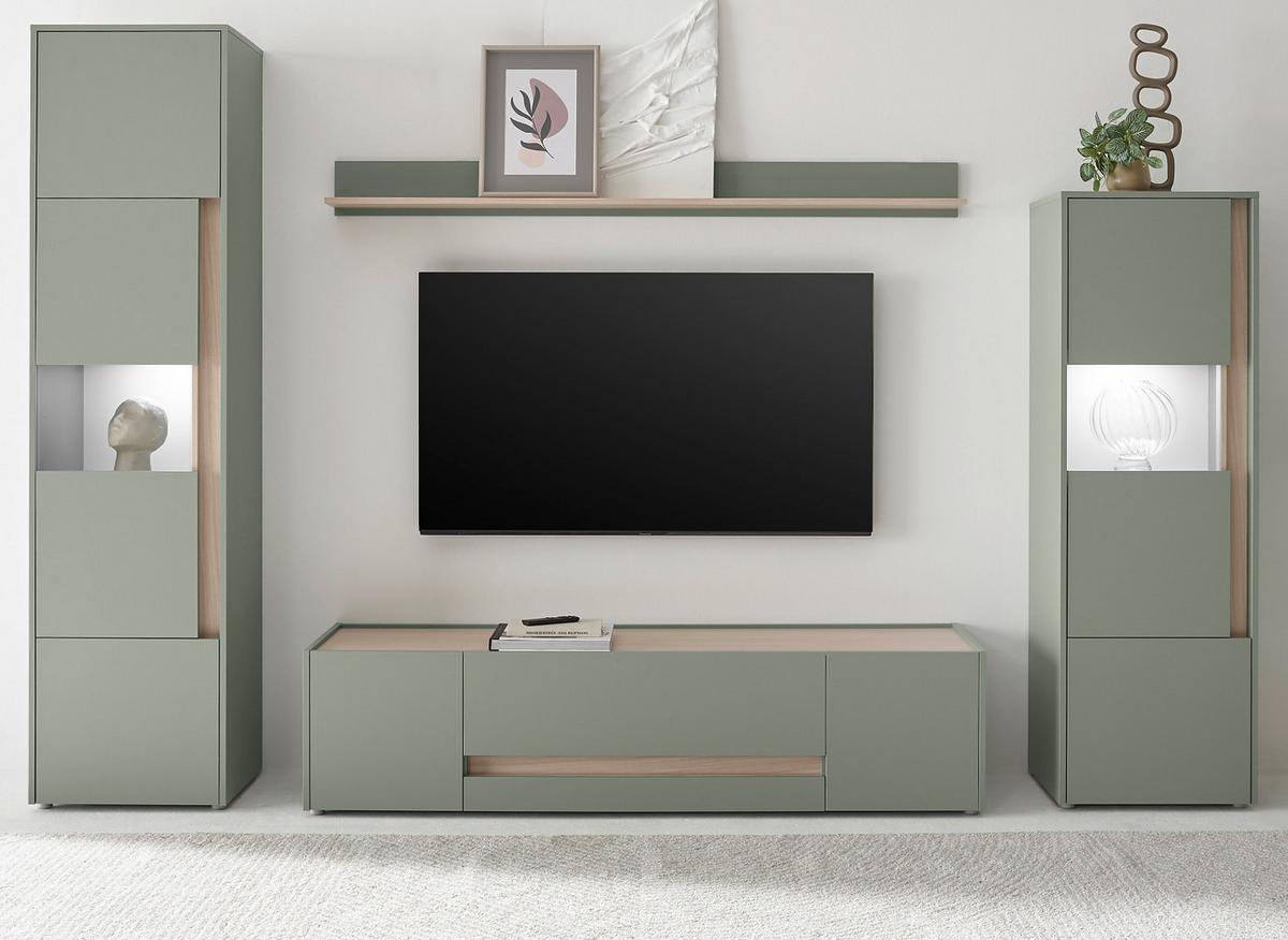 WOHNWAND Set 4-teilig 310 cm, Salbei grün, Eiche Barista, Komplettset mit viel Stauraum - Salbeigrün/Eichefarben, Glas/Holzwerkstoff (310/197/45cm) - Furn.Design
