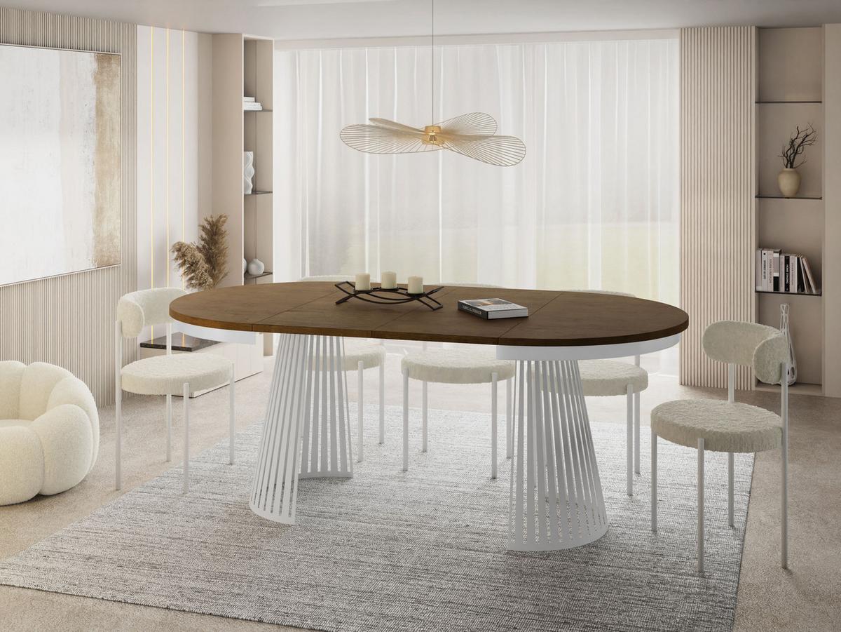 ESSTISCH Naro rund ausziehbar mit Weißem Lamellen-Metallgestell, Braun 120-200/120/76 cm - Alteiche/Weiß, Holzwerkstoff/Metall (120/196/76cm) - WFL GROUP