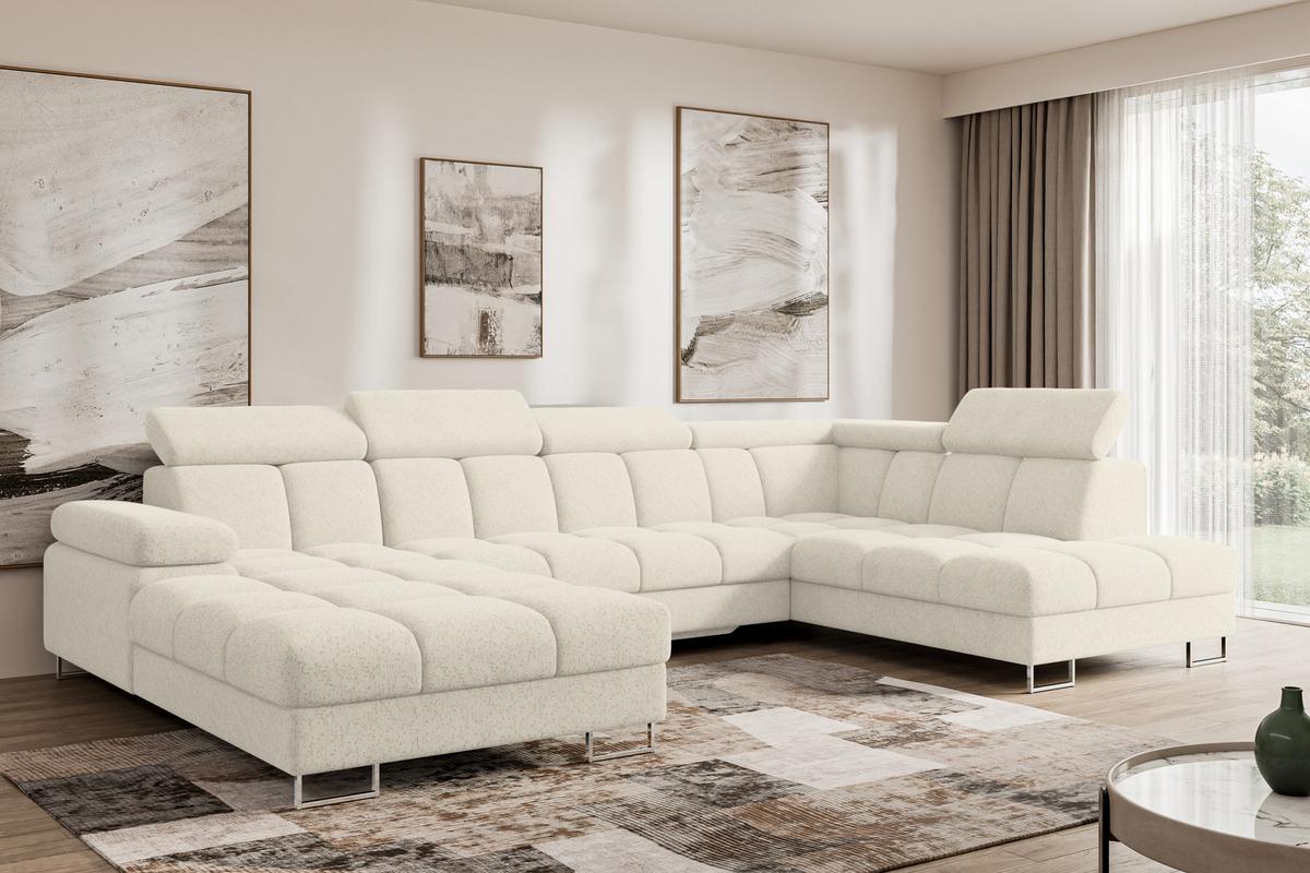 WOHNLANDSCHAFT mit Schlaffunktion und Bettkasten Ottomane RECHTS COMA U 345x203x79 Creme Velours - Creme, Holzwerkstoff/Textil (203/79/345cm) - ALTDECOR