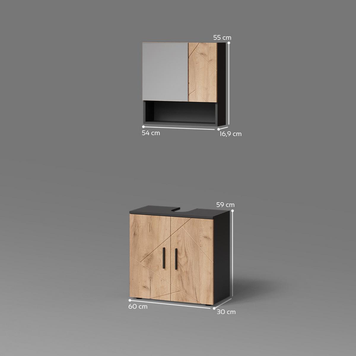 BADMÖBEL-SET Ronco Goldkraft Eiche/Anthrazit 2 Teile, Unterschrank 60 cm - Honigeiche/Anthrazit, Holzwerkstoff (60/59/30cm) - Livinity®