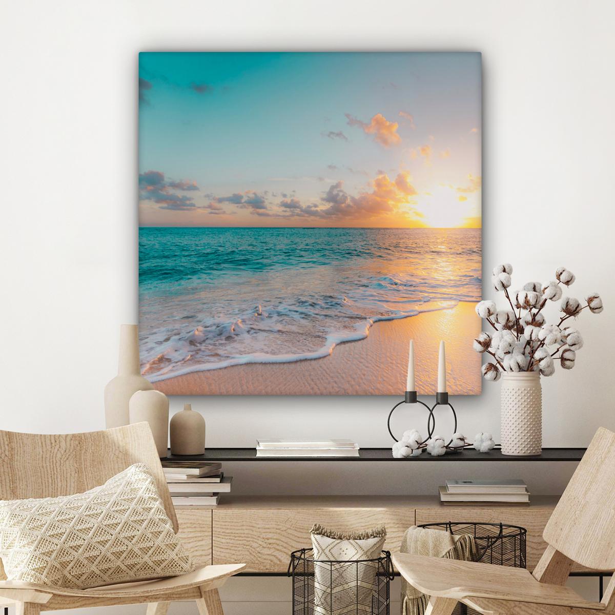 LEINWANDBILD Sonnenuntergang - Strand - Meer - Sommer - Blau Deko Groß 90x90 cm - Multicolor, Textil (90/90cm) - MuchoWow