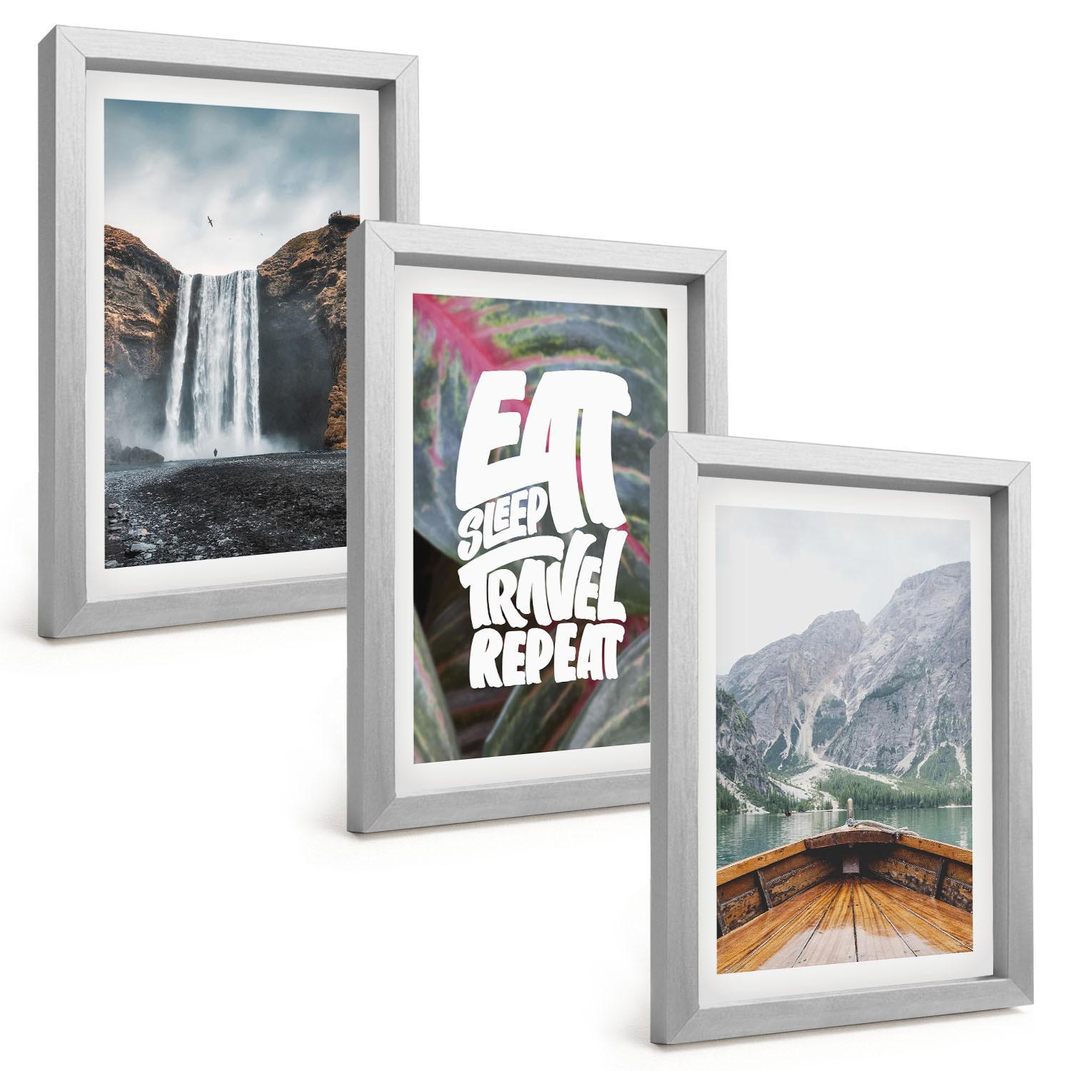 BILDER SET 3er Set - 20x30 cm Silberner Rahmen - Wasserfall Berge Natur Boot - Silberfarben, Kunststoff (20/30cm) - TULUP