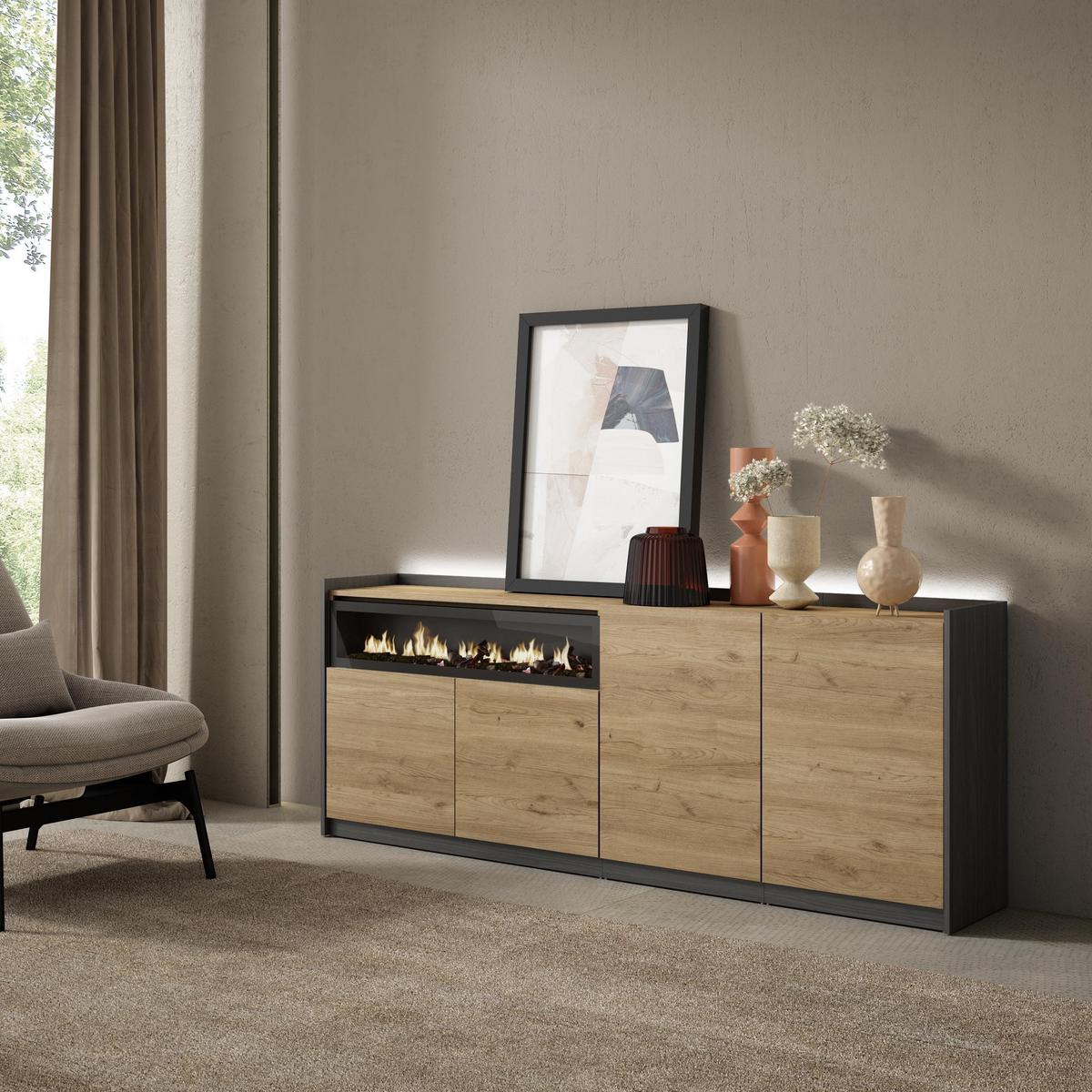 SIDEBOARD, Eiche und Schwarz, 207/37/80cm, Kamin mit Feuereffekt - Eichefarben, Holzwerkstoff (207/80/37cm) - Skraut Home