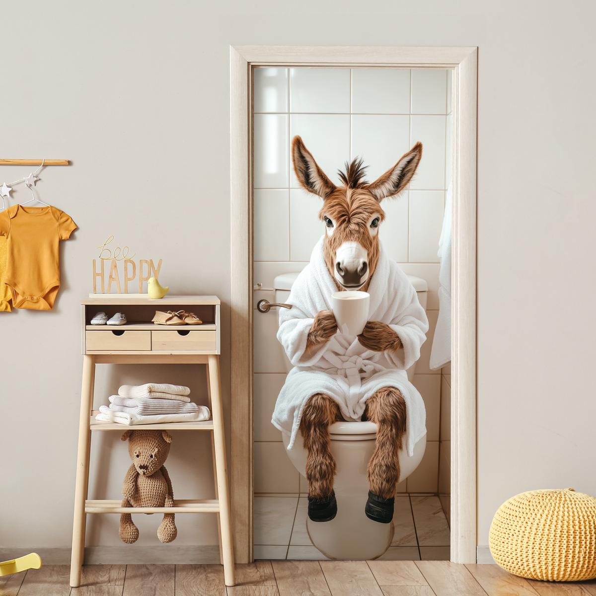 TÜRAUFKLEBER Esel - WC - Lustig - Bademantel - Tier Room Decor 85x205 cm - Türtapete - Beige, Kunststoff (85/0.1/205cm) - MuchoWow