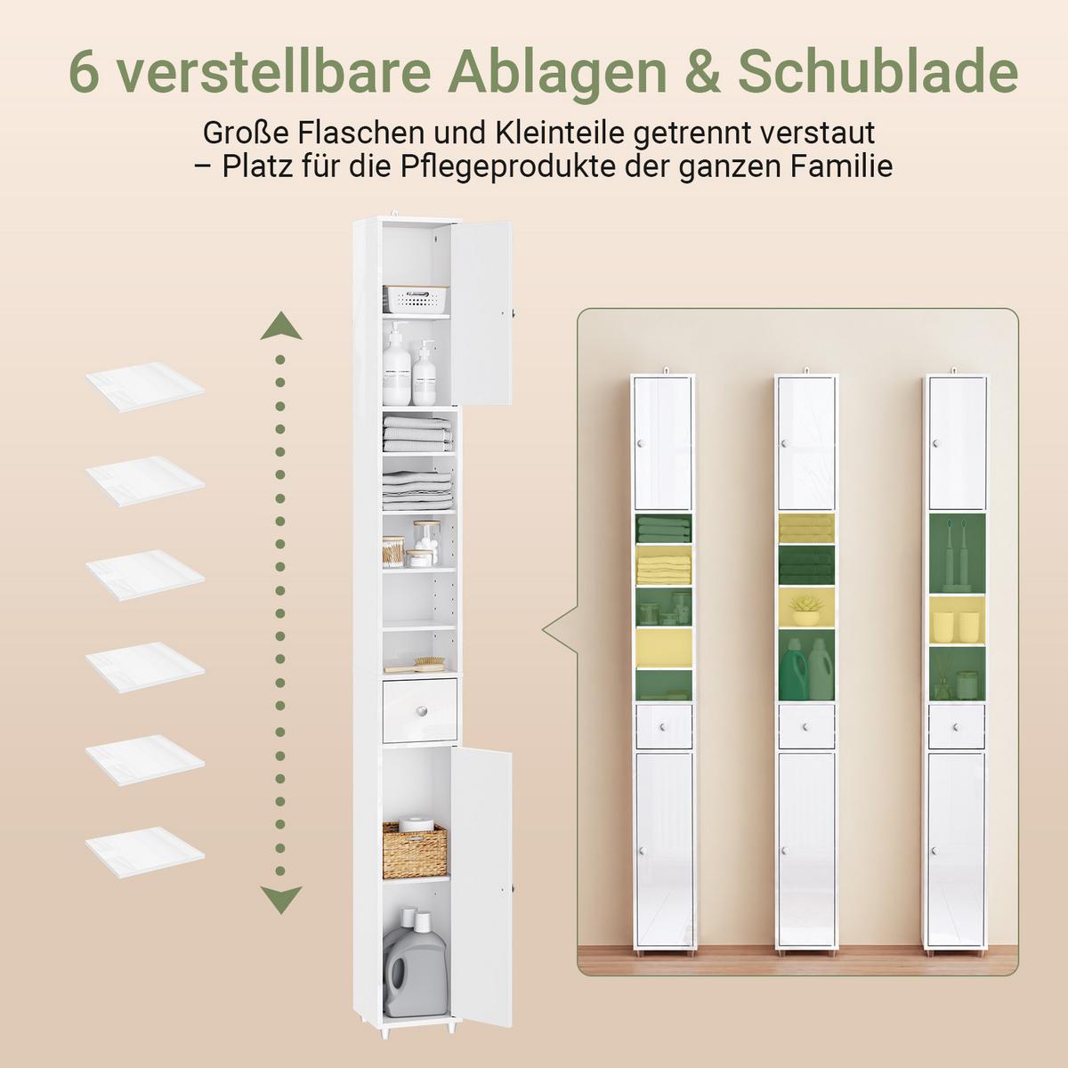 HOCHSCHRANK, Weiß, Badezimmerschrank schmal 20x20x180 cm, 6 Böden & Schublade, neben der Waschmaschine - Silberfarben/Weiß, Holzwerkstoff (20/180/20cm) - SoBuy