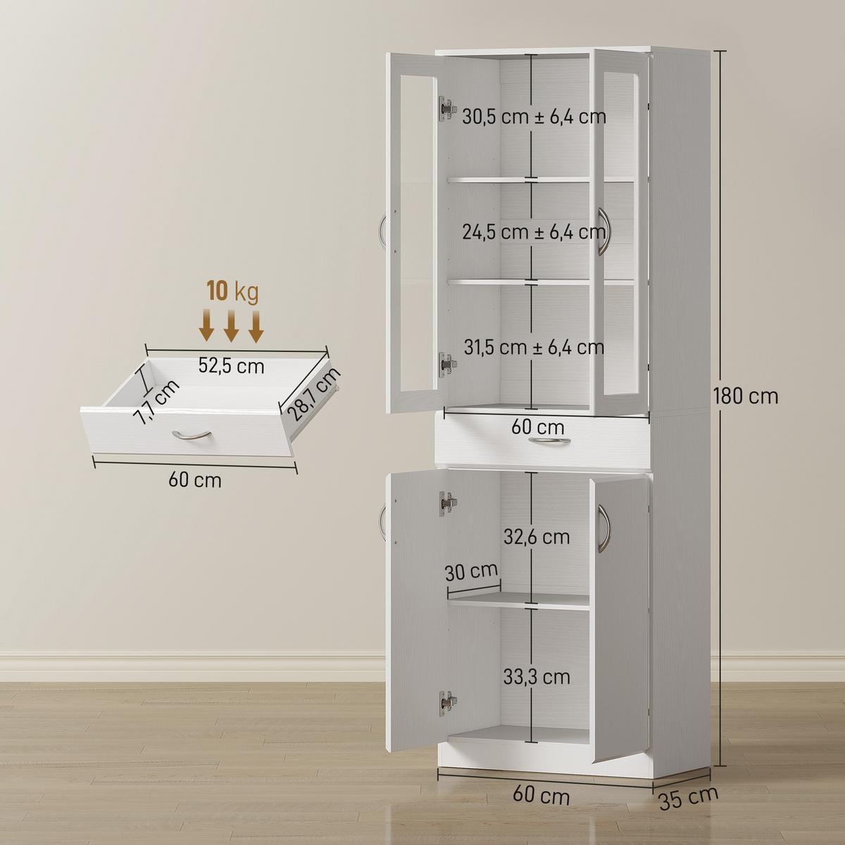 KÜCHENSCHRANK Spanplatte Hartglas Weiß - Silberfarben/Weiß, Holzwerkstoff/Metall (35/180/60cm) - HOMCOM