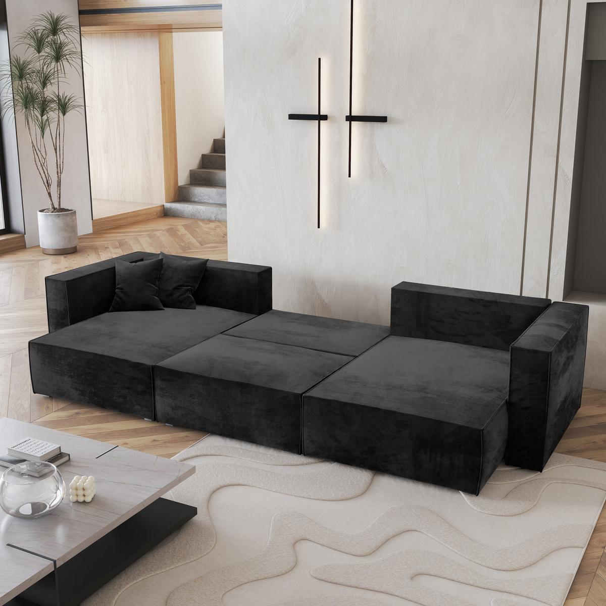 WOHNLANDSCHAFT SARMO M Schwarz Velours-Stoff mit Schlaffunktion - Schwarz/Grau, Holz/Kunststoff (347/70/148cm) - MASSENO