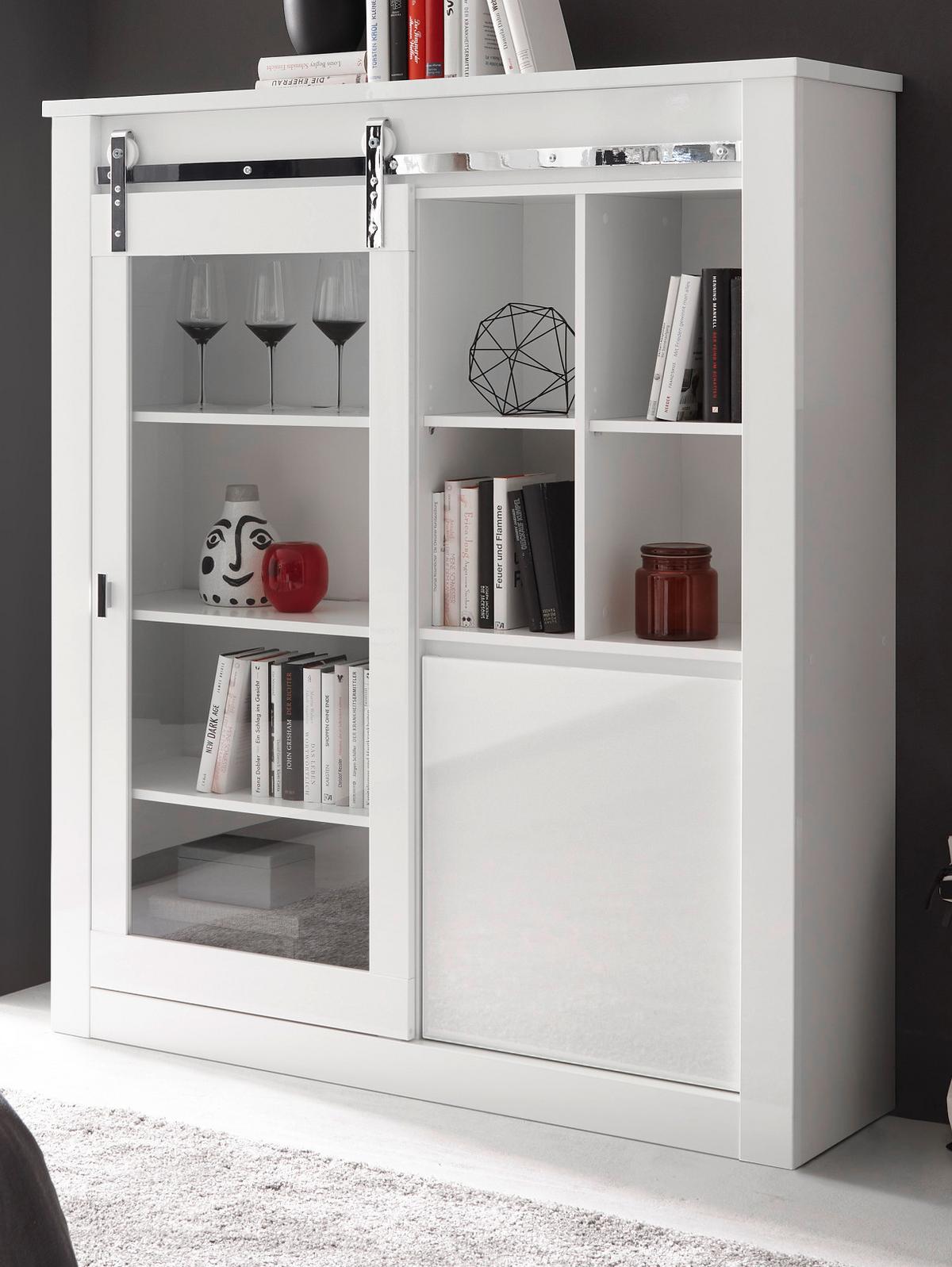 VITRINE weiß Hochglanz 133 x 153 cm, Vitrinenschrank inklusive LED-Beleuchtung, Soft-Close - Chromfarben/Weiß Hochglanz, Glas/Holzwerkstoff (133/153/38cm) - Furn.Design