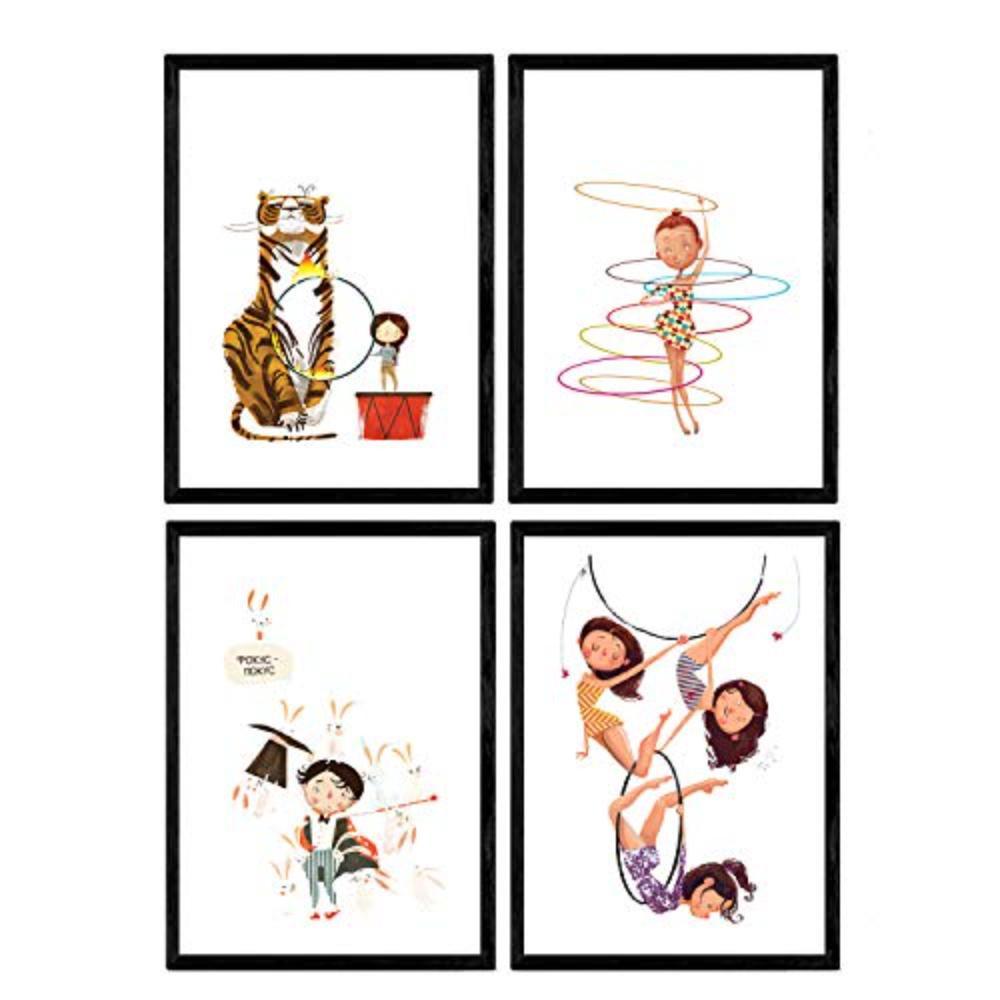 POSTER Set mit 4 Circus Leon Acobata Mago und contortionists A3 Schwarzer Rahmen - Schwarz, Papier (29.7/3cm) - Nacnic
