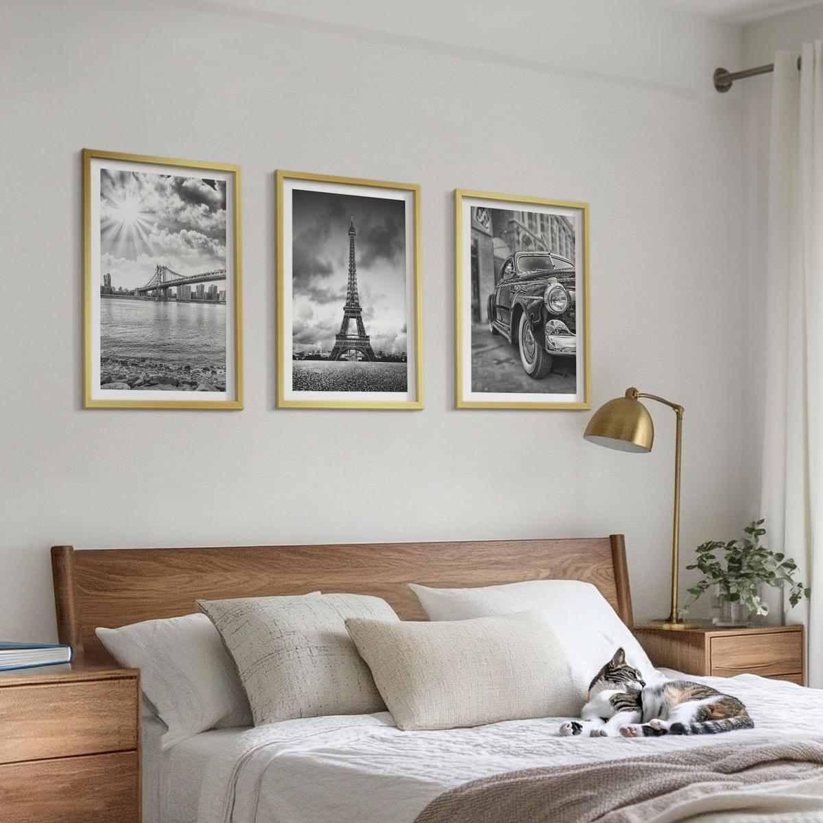BILDER SET 3er Set - 40x60 cm Goldrahmen - Stadtansichten, Brücken, Eiffelturm - Goldfarben, Kunststoff (40/60cm) - TULUP