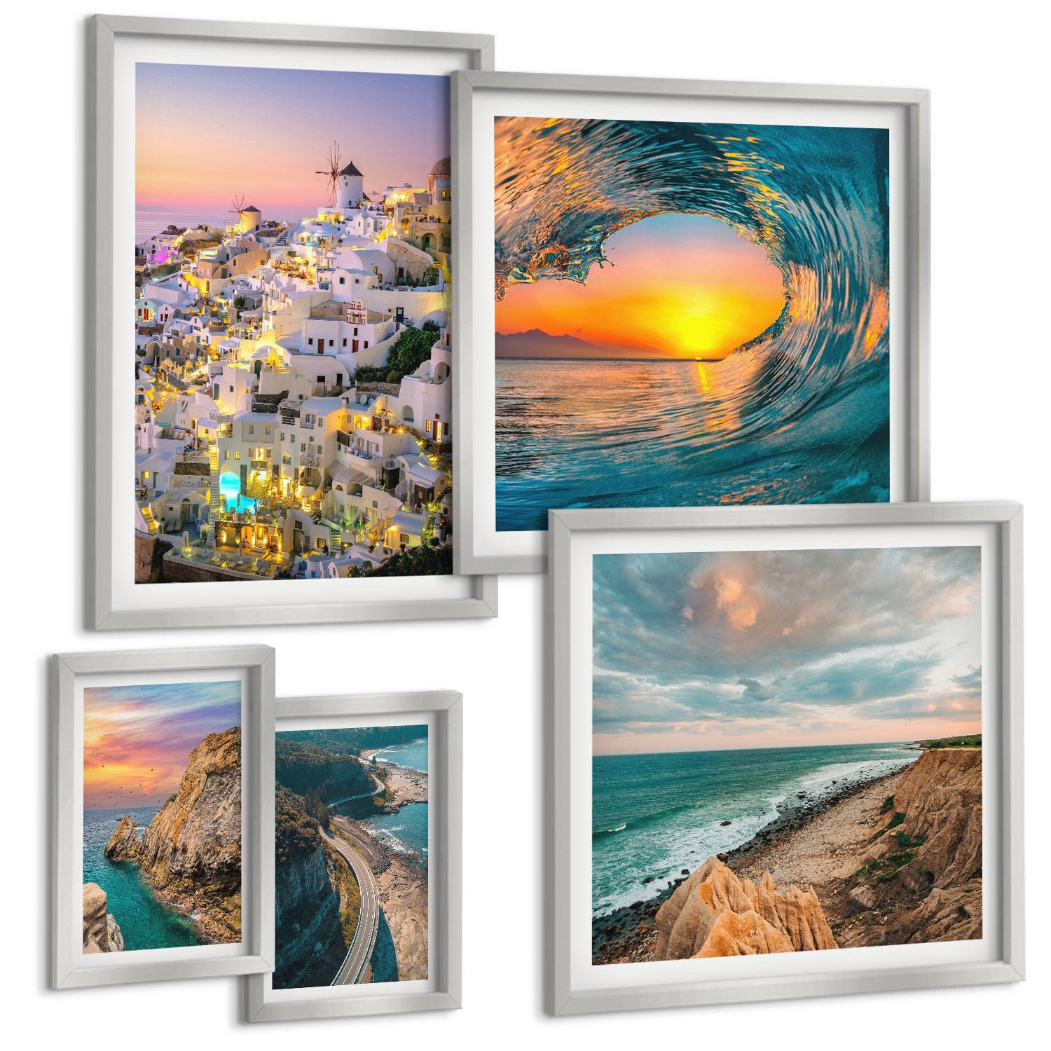BILDER SET 5er Set - 50x50 cm & 20x30 cm & 40x60 cm Silberner Rahmen - Meereswellen, weiße Häuser, Santorini - Silberfarben, Kunststoff (40/60cm) - TULUP