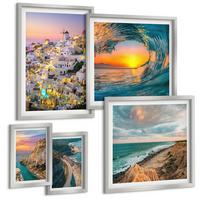 BILDER SET 5er Set - 50x50 cm & 20x30 cm & 40x60 cm Silberner Rahmen - Meereswellen, weiße Häuser, Santorini - Silberfarben, Kunststoff (40/60cm) - TULUP