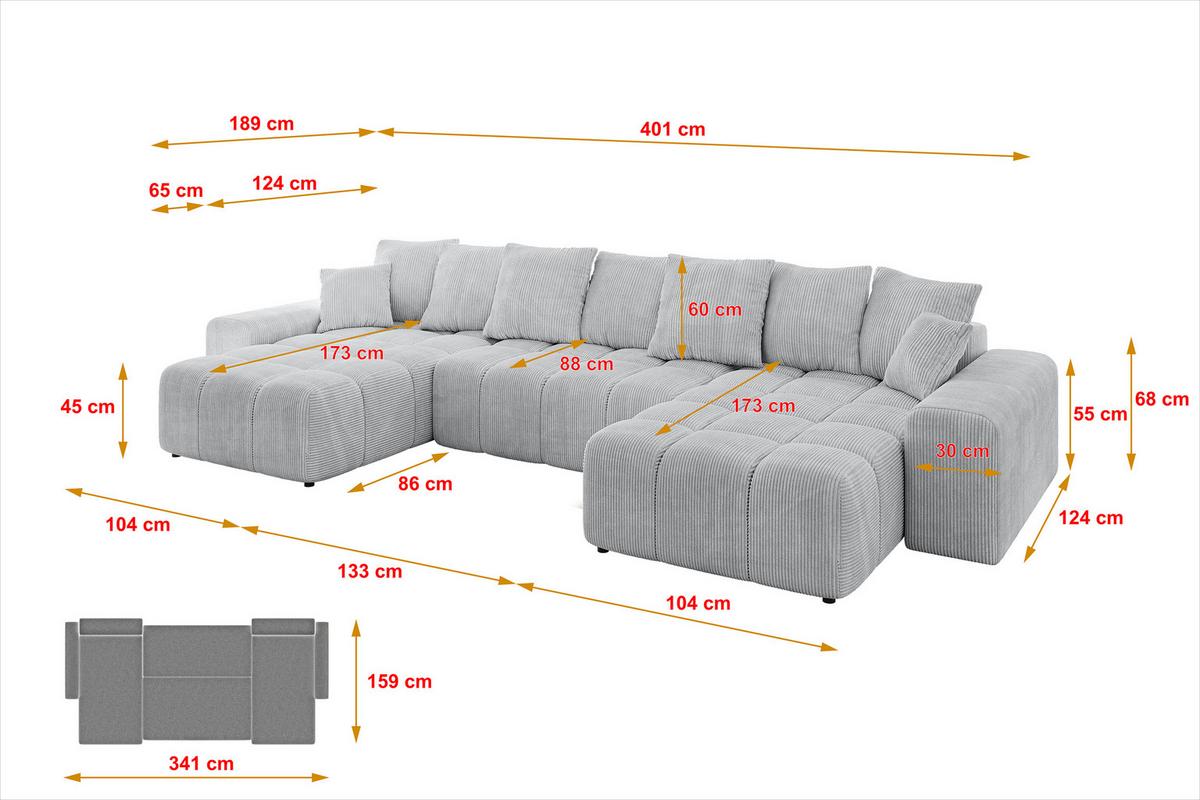 WOHNLANDSCHAFT ENIL-U 401x189x68 Grau Cord - Grau, Holzwerkstoff/Kunststoff (401/68/189cm) - ALTDECOR