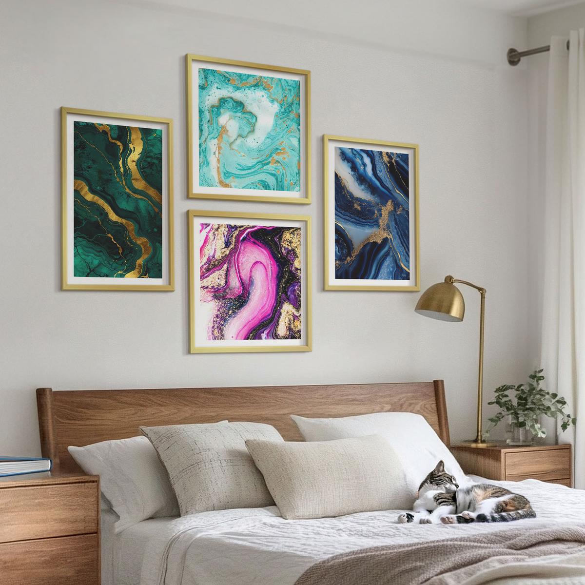 BILDER SET 4er Set - 50x50 cm & 40x60 cm Goldrahmen - Abstrakte Muster in Rosa, Grün und Blau - Goldfarben, Kunststoff (50/50cm) - TULUP