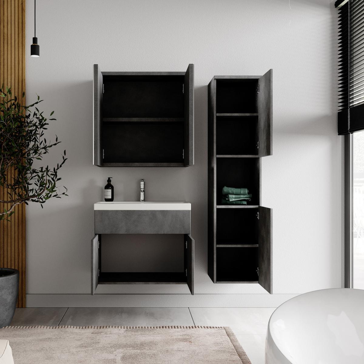 BADMÖBEL-SET Montreal 4 Teile Spiegelschrank Dunkel Grau - 60 x 35 x 51 cm - Grau, Holz (60/51/35cm) - Badplaats