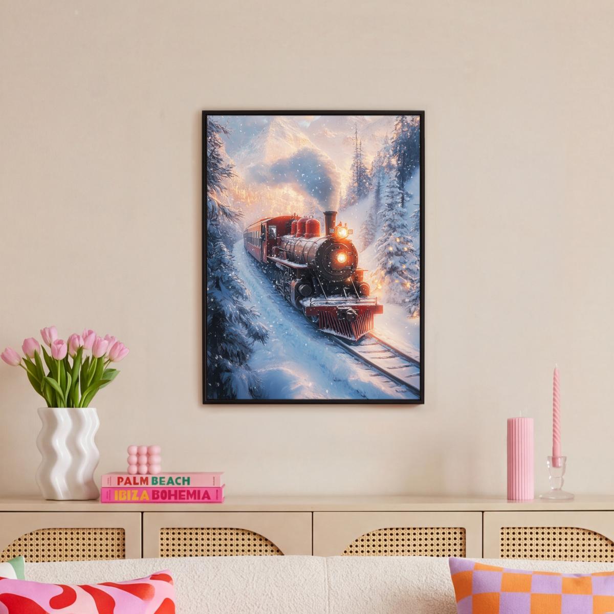LEINWAND Bilder mit Rahmen - Weihnachtszug - Schnee - Winter - Weihnachten - 60x80 - Dunkelrot, Textil (60/80cm) - MuchoWow