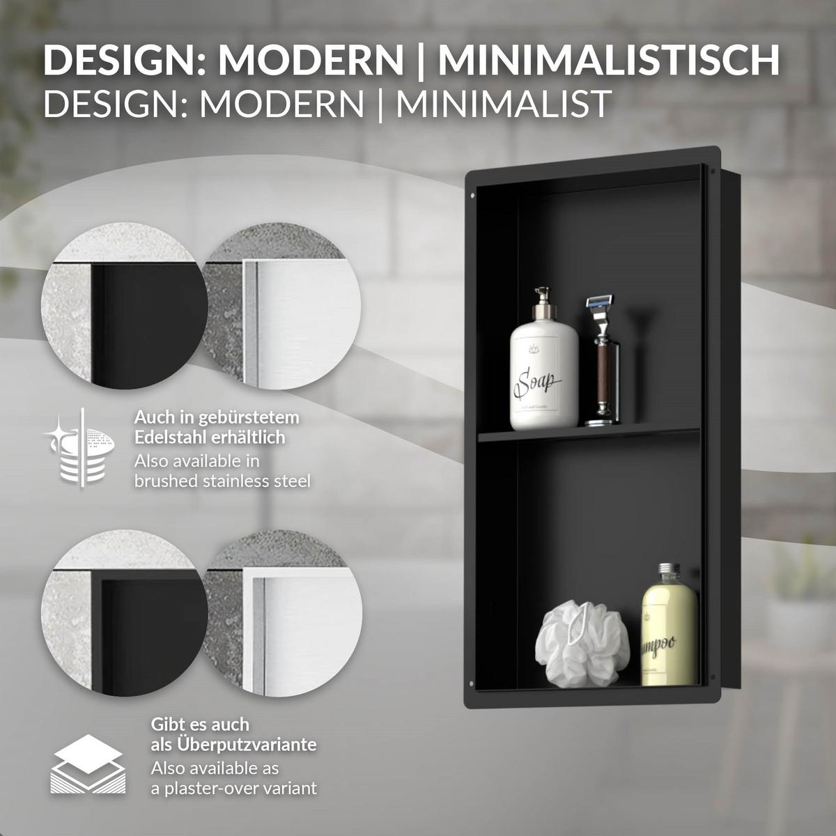 DUSCHNISCHE Doppel Schwarz 30/60 cm randlos - Schwarz, Metall (30/60/10cm) - LuxeBath