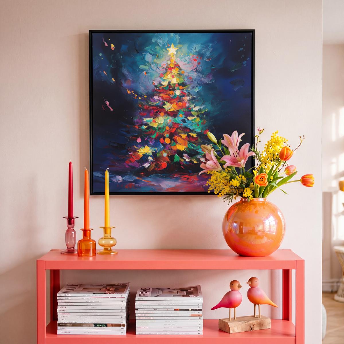 LEINWAND Bilder mit Rahmen - Weihnachtsbaum - Weihnachten - Abstrakt - Farbenfroh - 50x50 - Multicolor, Textil (50/50cm) - MuchoWow