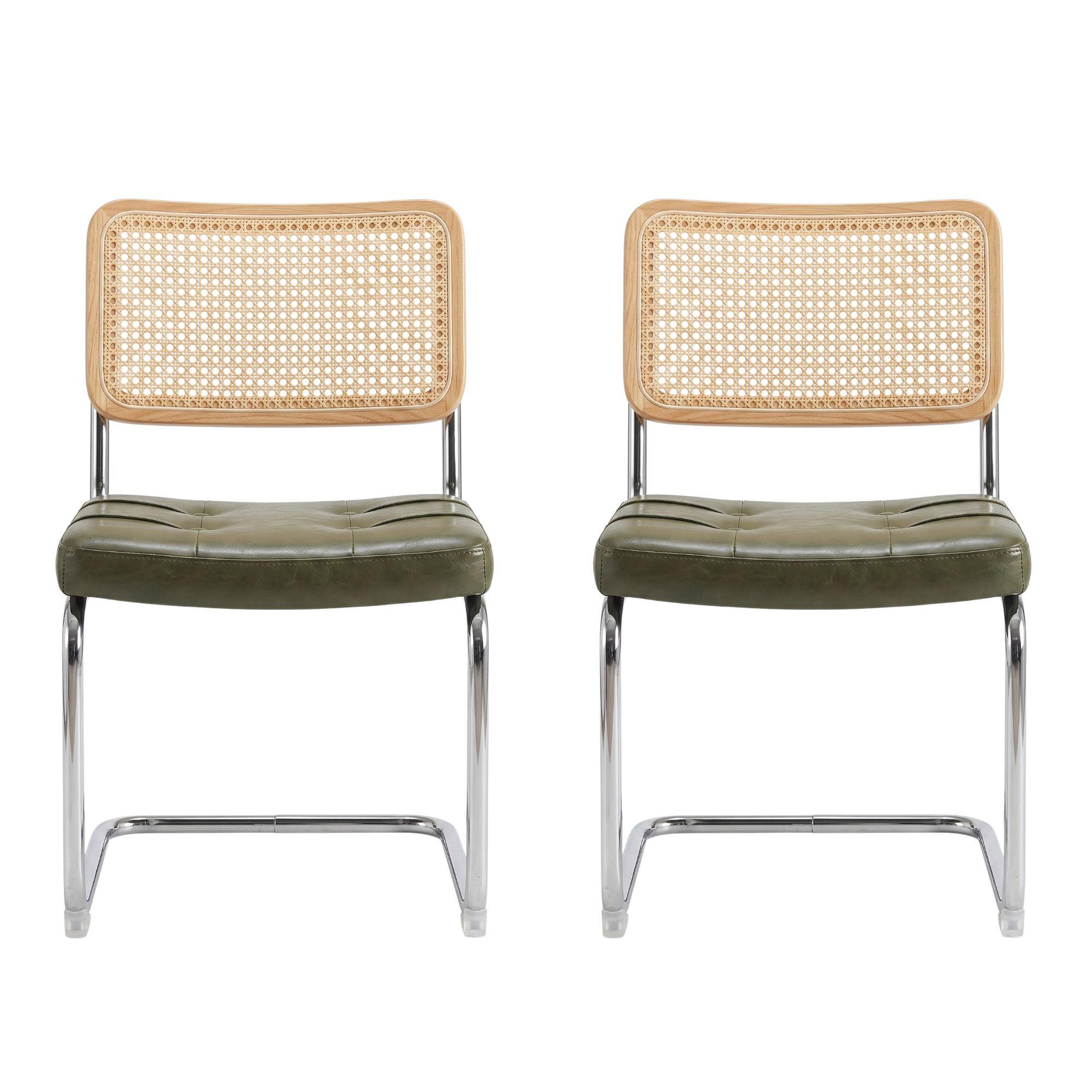 ESSZIMMERSTÜHLE 2er Set Freischwinger Rattan & Kunstleder - Grün, Leder (53/84.6/46.4cm) - Urban Meuble