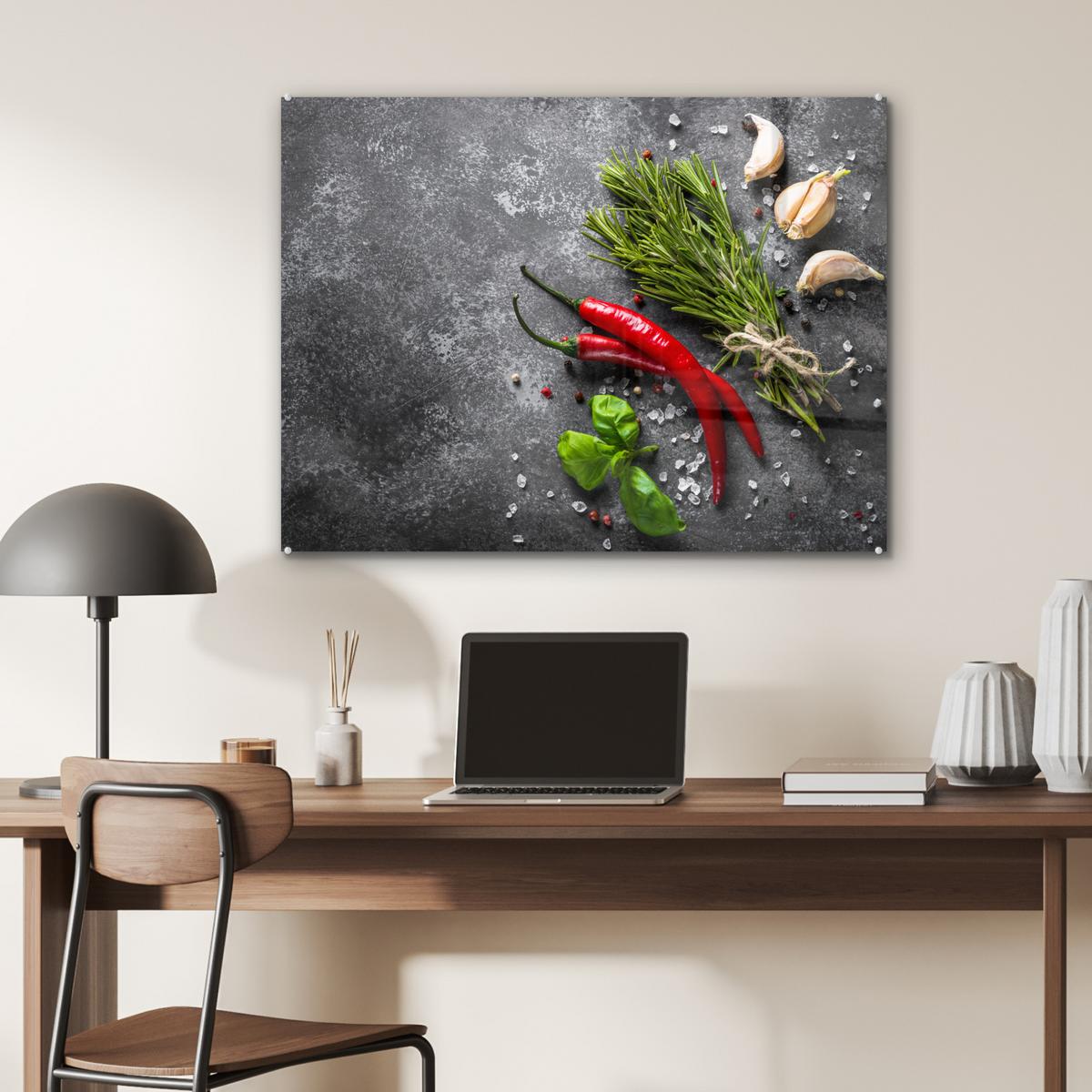 ACRYLGLASBILD Pfeffer - Kräuter - Gewürze - Beton 80x60 cm - Dunkelgrau, Glas (80/60cm) - MuchoWow