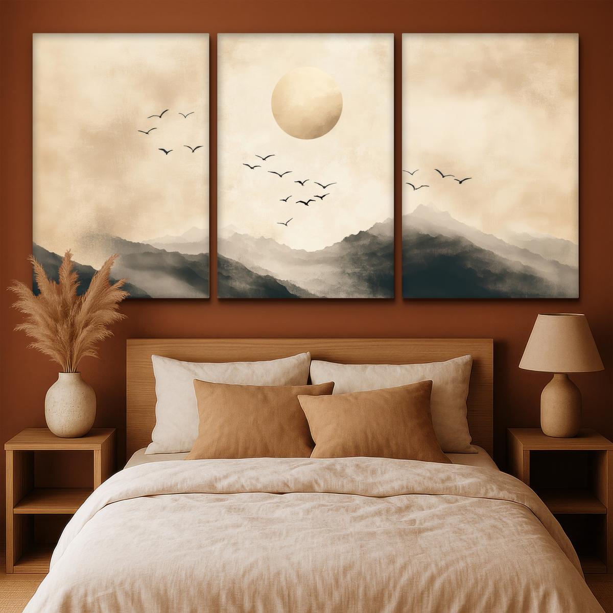 LEINWANDBILD 3er Set Landschaft - Japandi - Beige - Vögel 240x120 cm - Beige, Textil (240/120cm) - MuchoWow