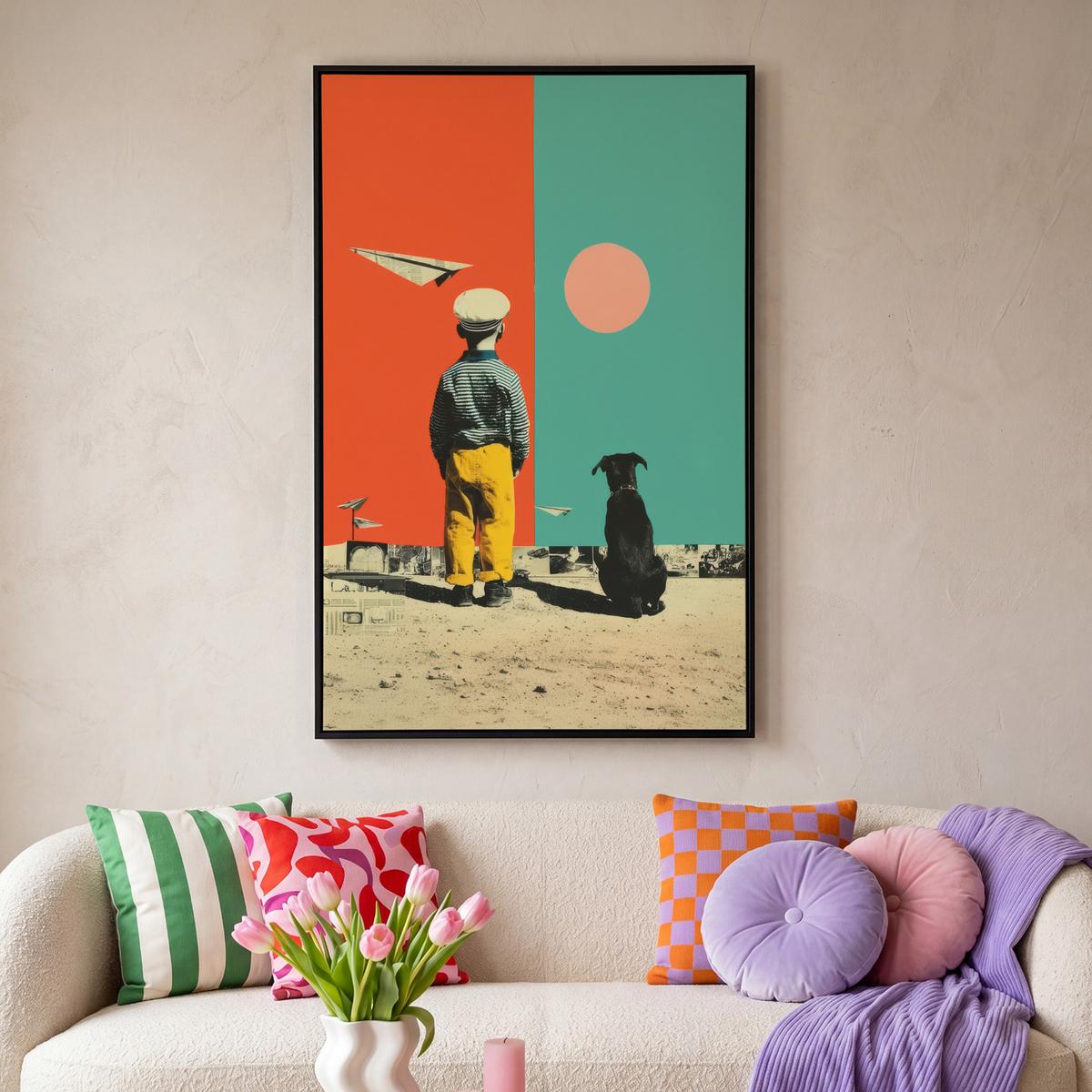 LEINWAND Bilder mit Rahmen - Retro - Junge - Hund - Rot - Grün - 80x120 - Orange, Textil (80/120cm) - MuchoWow