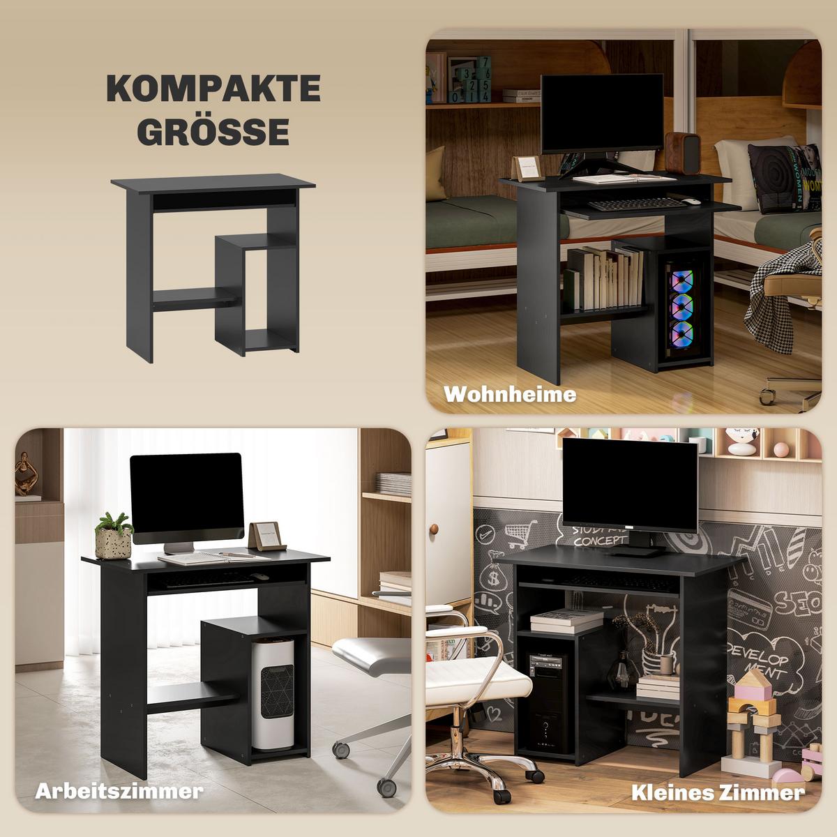 COMPUTERTISCH mit offenen Fächern, 80 x 45 x 75 cm, Schwarz - Schwarz, Holzwerkstoff (80/45/75cm) - HOMCOM