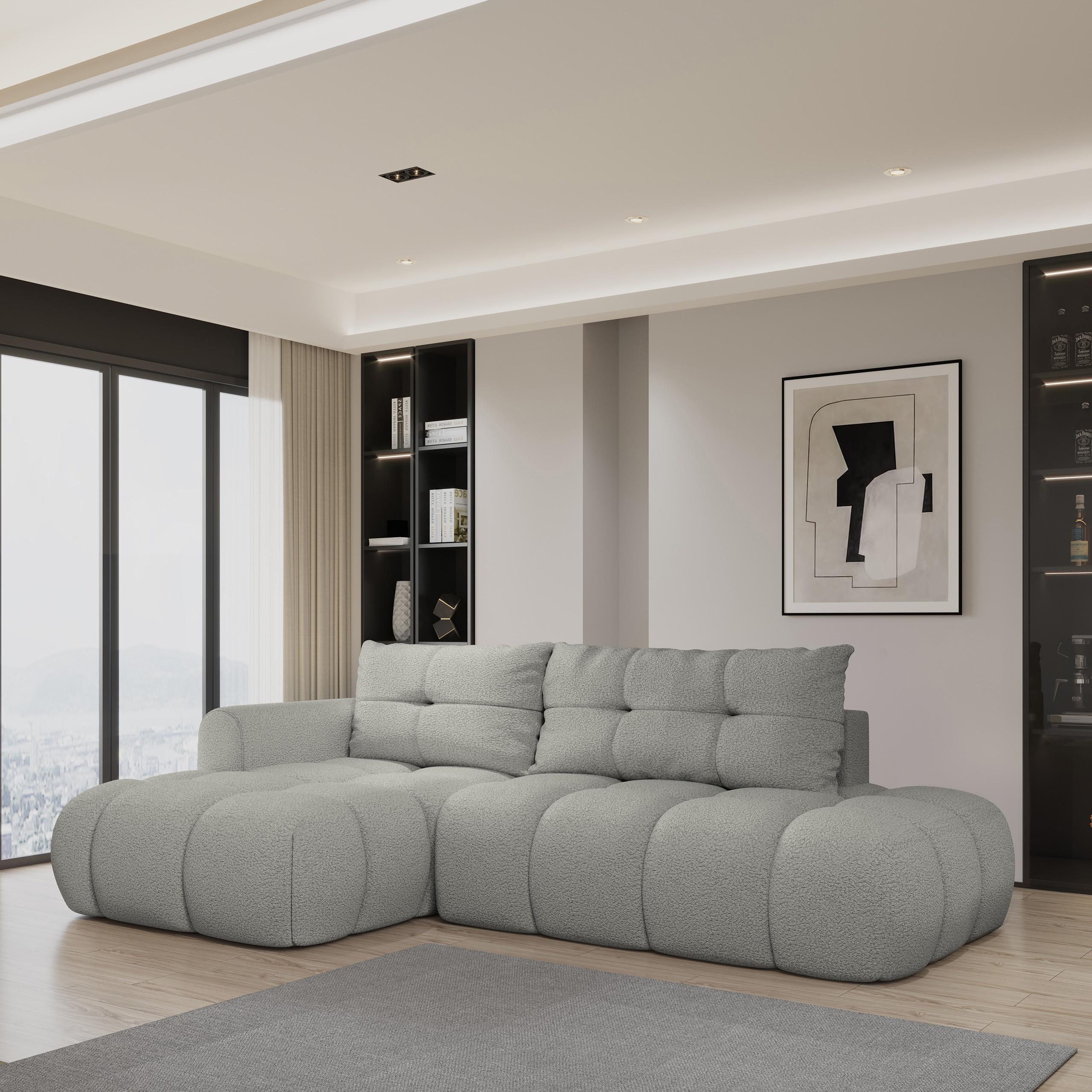 ECKSOFA FLUMA L-S Hellgrau Boucle-Stoff mit Schlaffunktion - Hellgrau, Holz (279/158cm) - MASSENO