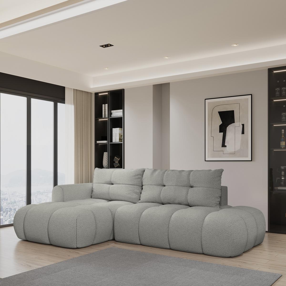 ECKSOFA FLUMA L-S Hellgrau Boucle-Stoff mit Schlaffunktion - Hellgrau, Holz (279/158cm) - MASSENO