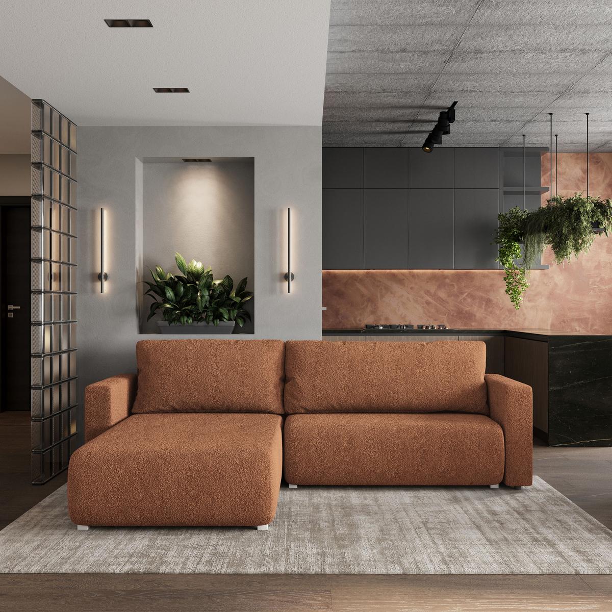 ECKSOFA TURIN N Orange Bucle-Stoff mit Schlaffunktion - Orange/Grau, Holz/Kunststoff (265/183cm) - MASSENO
