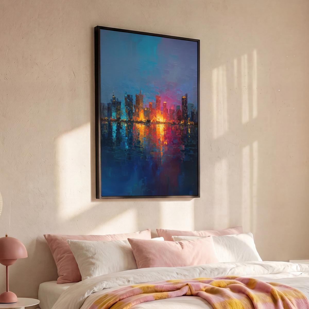 LEINWAND Bilder mit Rahmen - Skyline - Pinselstriche - Dunkelblau - Leuchtend - 80x120 - Blau, Textil (80/120cm) - MuchoWow