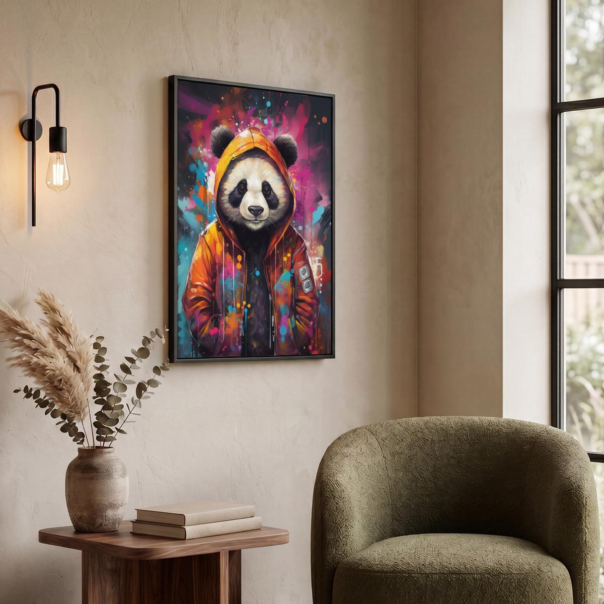 LEINWAND Bilder mit Rahmen - Panda - Jacke - Graffiti - Orange - 60x80 - Orange, Textil (60/80cm) - MuchoWow