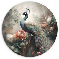 WANDBILD Pfau - Pfauenfedern - Vogel - Dschungel - Blumen Wandbild 120x120 cm - Smaragdgrün, Kunststoff (120/120cm) - MuchoWow