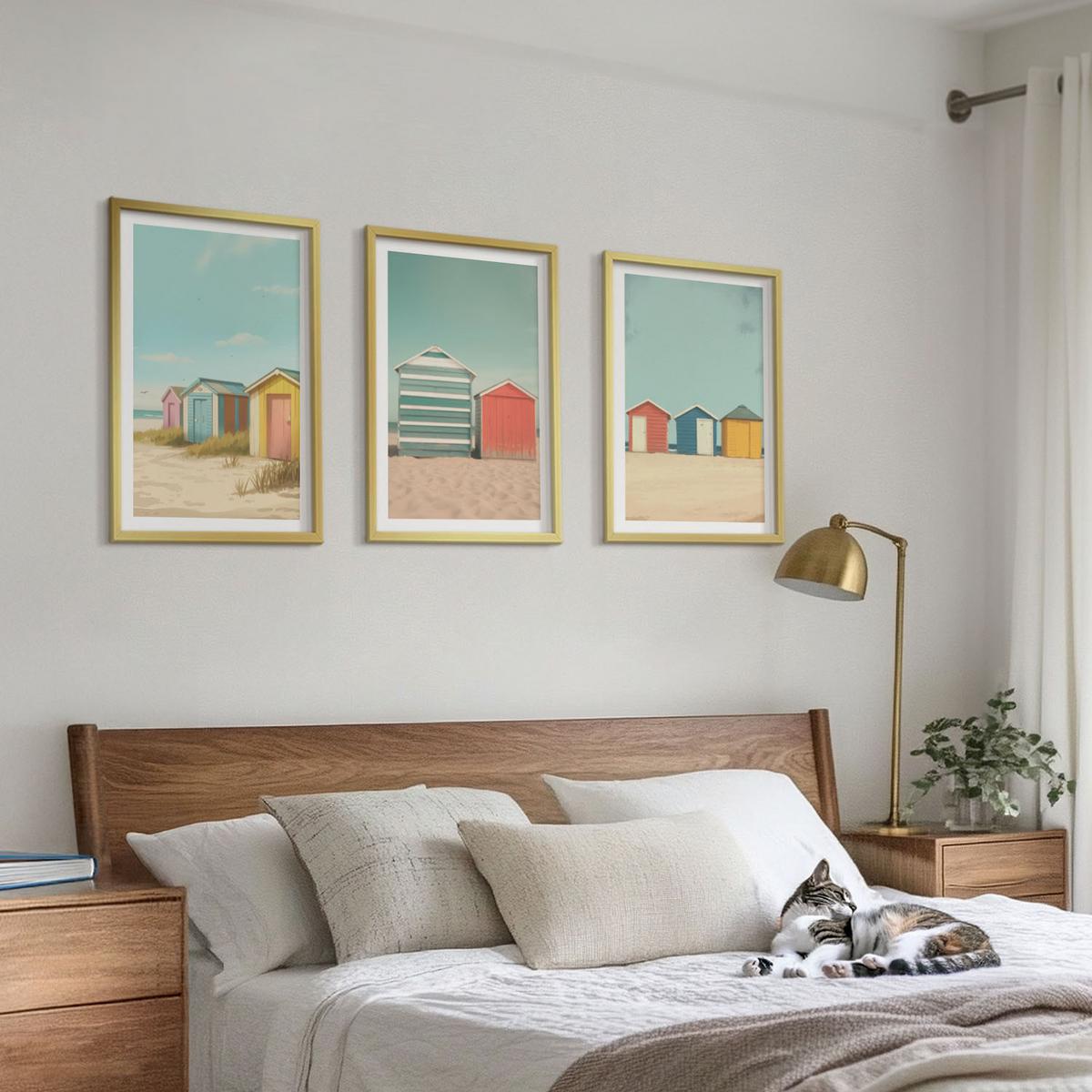 BILDER SET 3er Set - 40x60 cm Goldrahmen - Bunte Häuser, Strand, Sonne - Goldfarben, Kunststoff (40/60cm) - TULUP