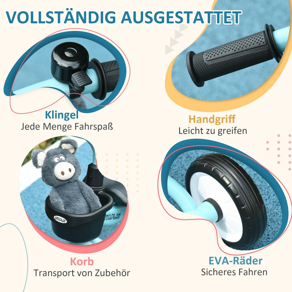 DREIRAD, Kinderfahrrad mit verstellbarer Sitz, Kinderrad für Kinder 2-5 Jahre - Blau, Metall (70.5/53/58cm) - AIYAPLAY