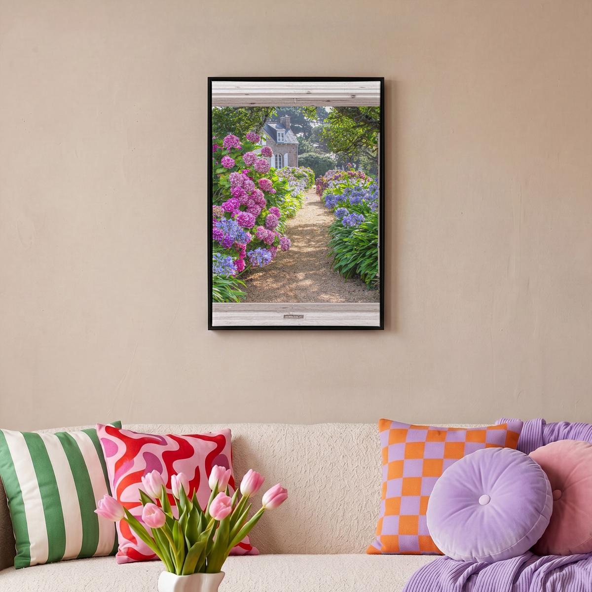 LEINWAND Bilder mit Rahmen - Hortensie - Durchsichtig - Blumen - Sommer - Lila - Weg - 40x60 - Lila, Textil (40/60cm) - MuchoWow