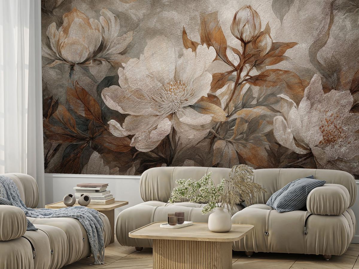 FOTOTAPETE für Wohnzimmer Blumen Blätter Pflanzen Natur Retro Stil 100x70 - Beige/Orange, Papier (100/70cm) - Muralo