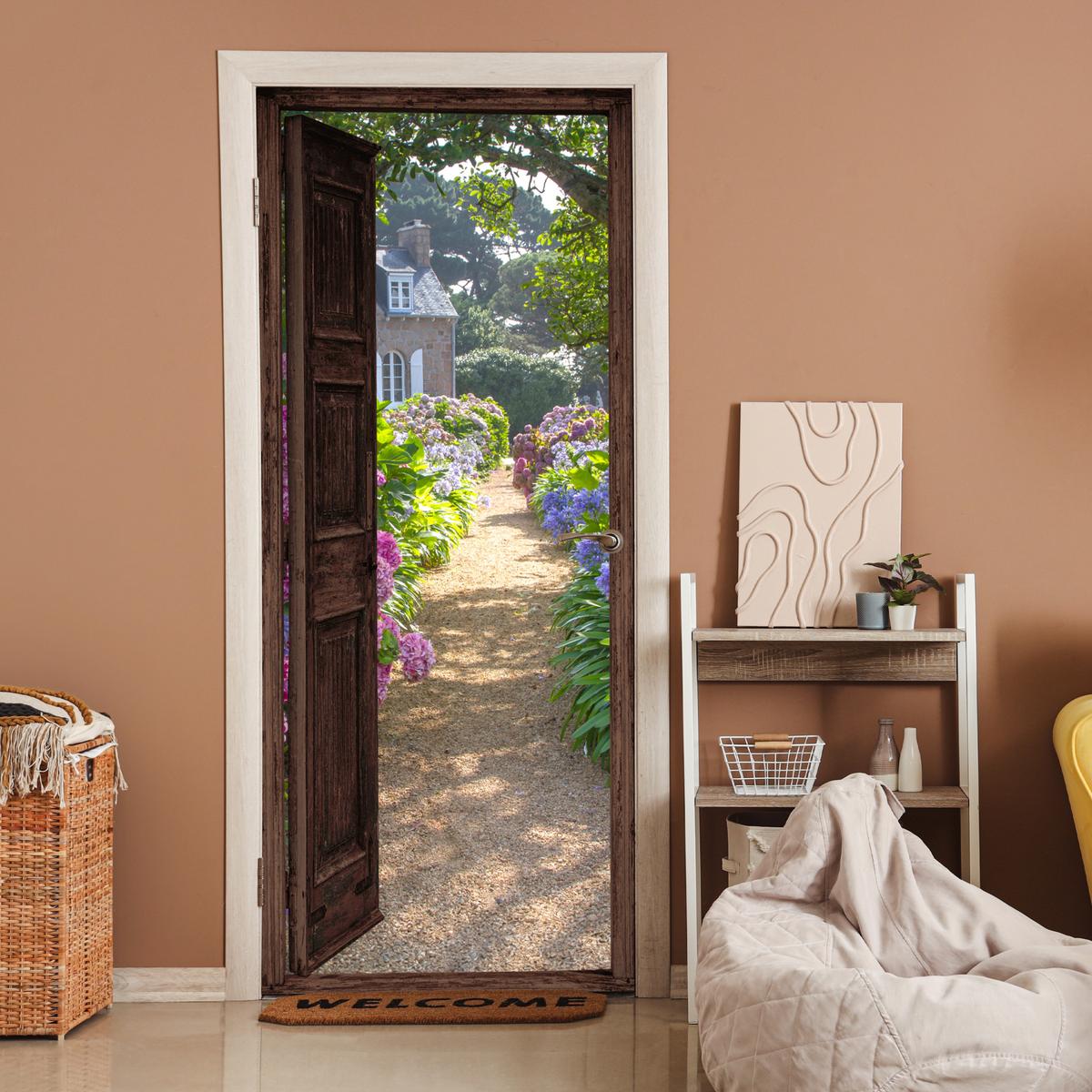 TÜRAUFKLEBER Ansicht - Hortensie - Tür - Blumen - Natur 90x215 cm - Türtapete - Beige, Kunststoff (90/0.1cm) - MuchoWow