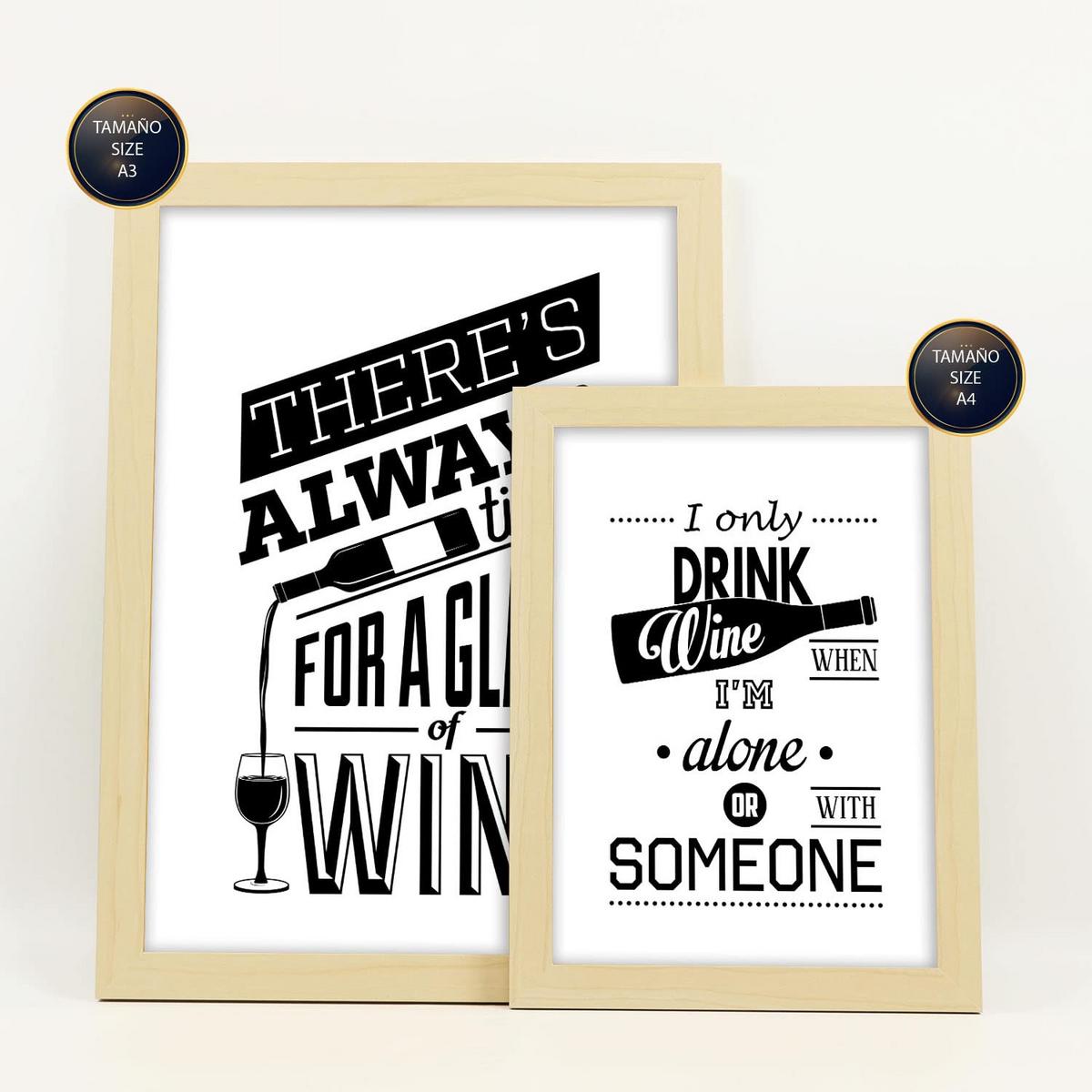 POSTER Set Mit 6 Wein 2 Vollfarbige Illustrationen Von Kaffee & Getränken Im Werbetafel Illustrationen Für & Heim A3 & A4 Rahmen Aus Hellem Holz - Beige, Papier (29/3cm) - Nacnic