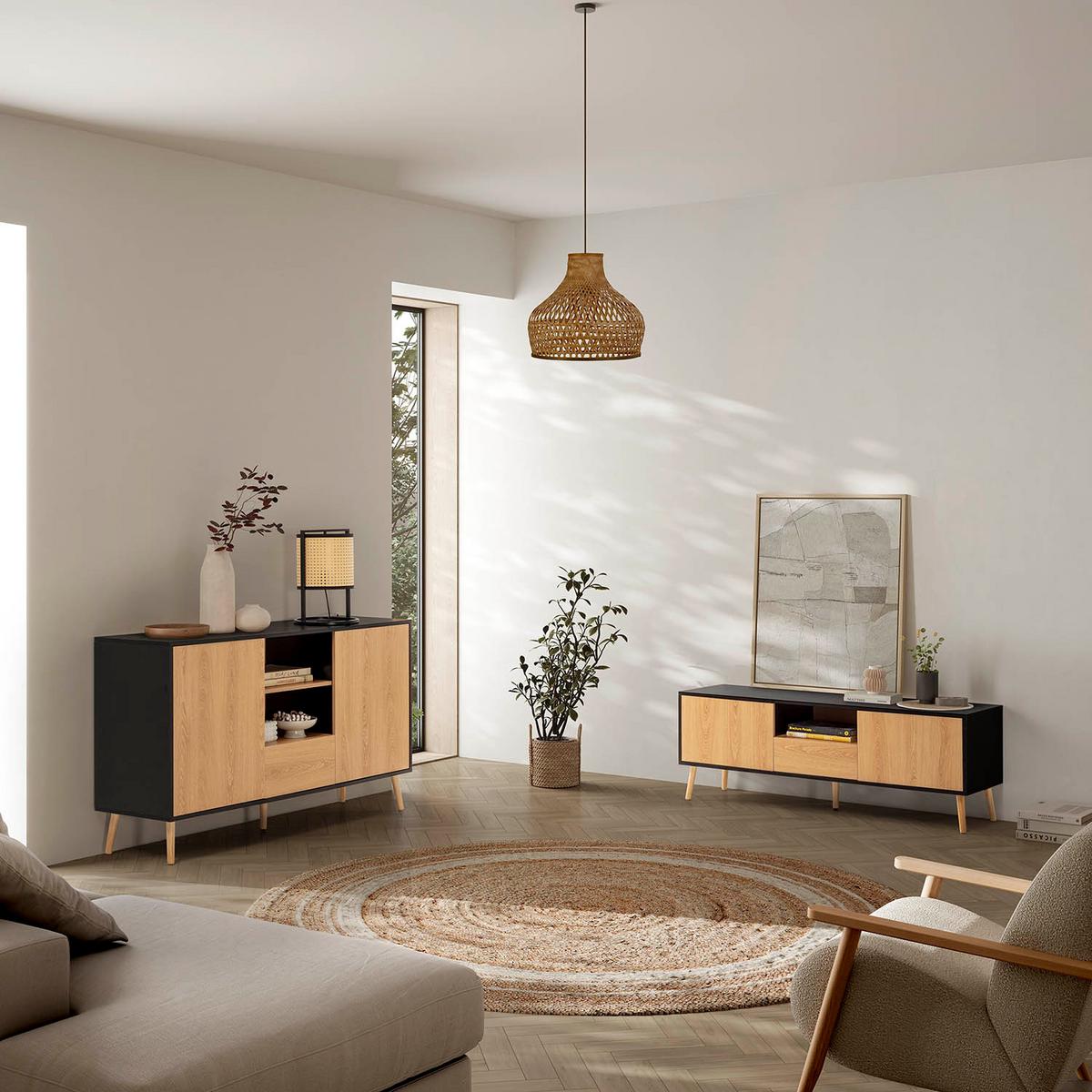 SIDEBOARD Apolo 2 Türen 1 Schublade, Schwarz/Holzfarbe - Schwarz, Holzwerkstoff (136/80/40cm)