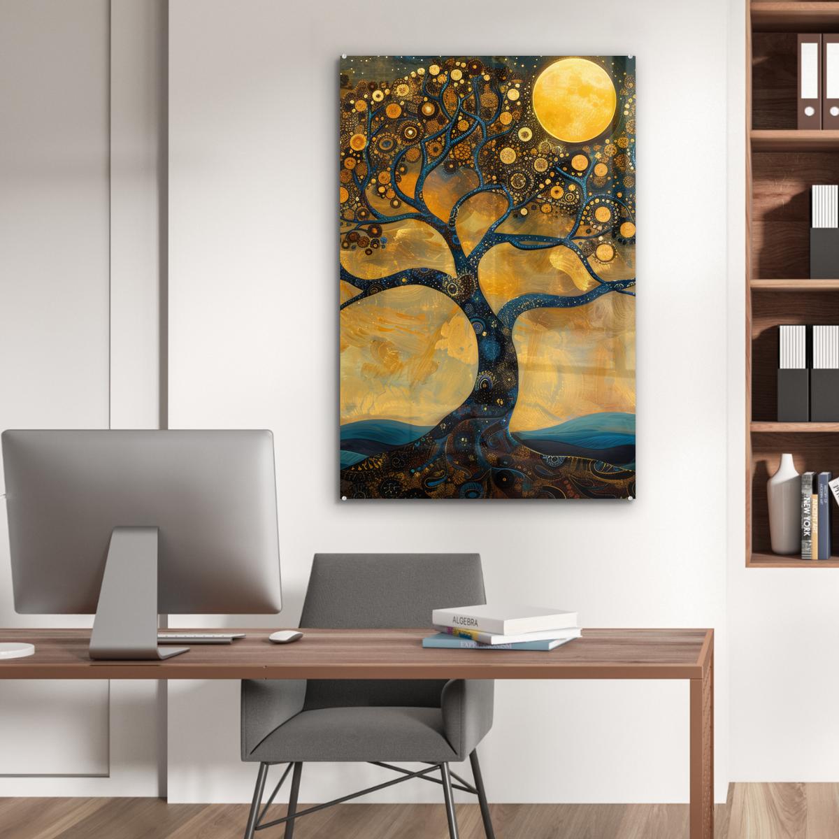 ACRYLGLASBILD Baum - Mond - Blumen - Gold - Kunst 80x120 cm - Orange, Glas (80/120cm) - MuchoWow