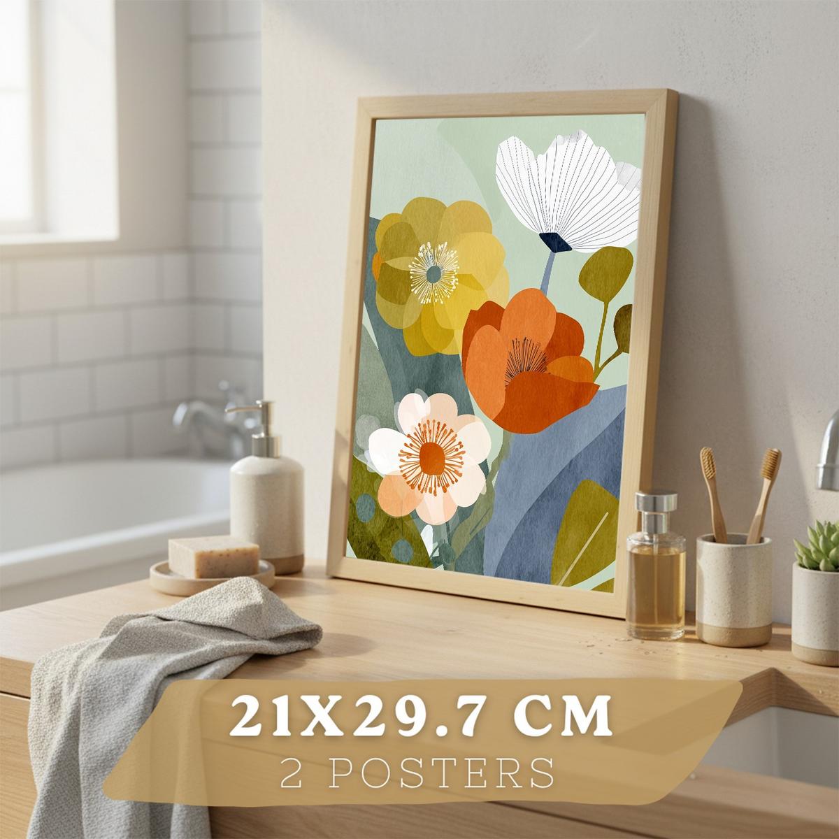 POSTER 2er-Set dekorative Badezimmerdrucke, moderne florale Wandposter für Waschbecken, abstrakte florale, nordischer Stil Leichter Holzrahmen A4 - Beige, Papier (29.7/21/3cm) - Nacnic
