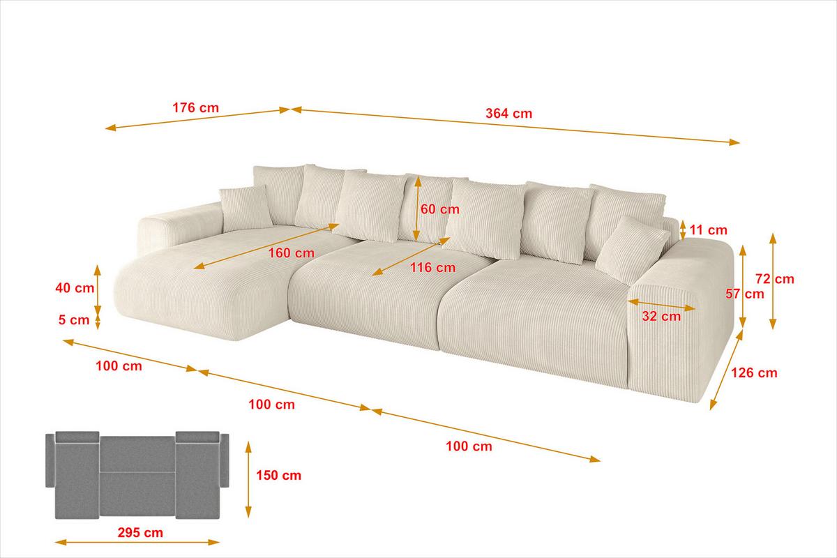 ECKSOFA Ottomane links ESKAR-L2 364x176x72 Taupe Cord - Taupe/Schwarz, Holzwerkstoff/Kunststoff (364/176cm) - ALTDECOR
