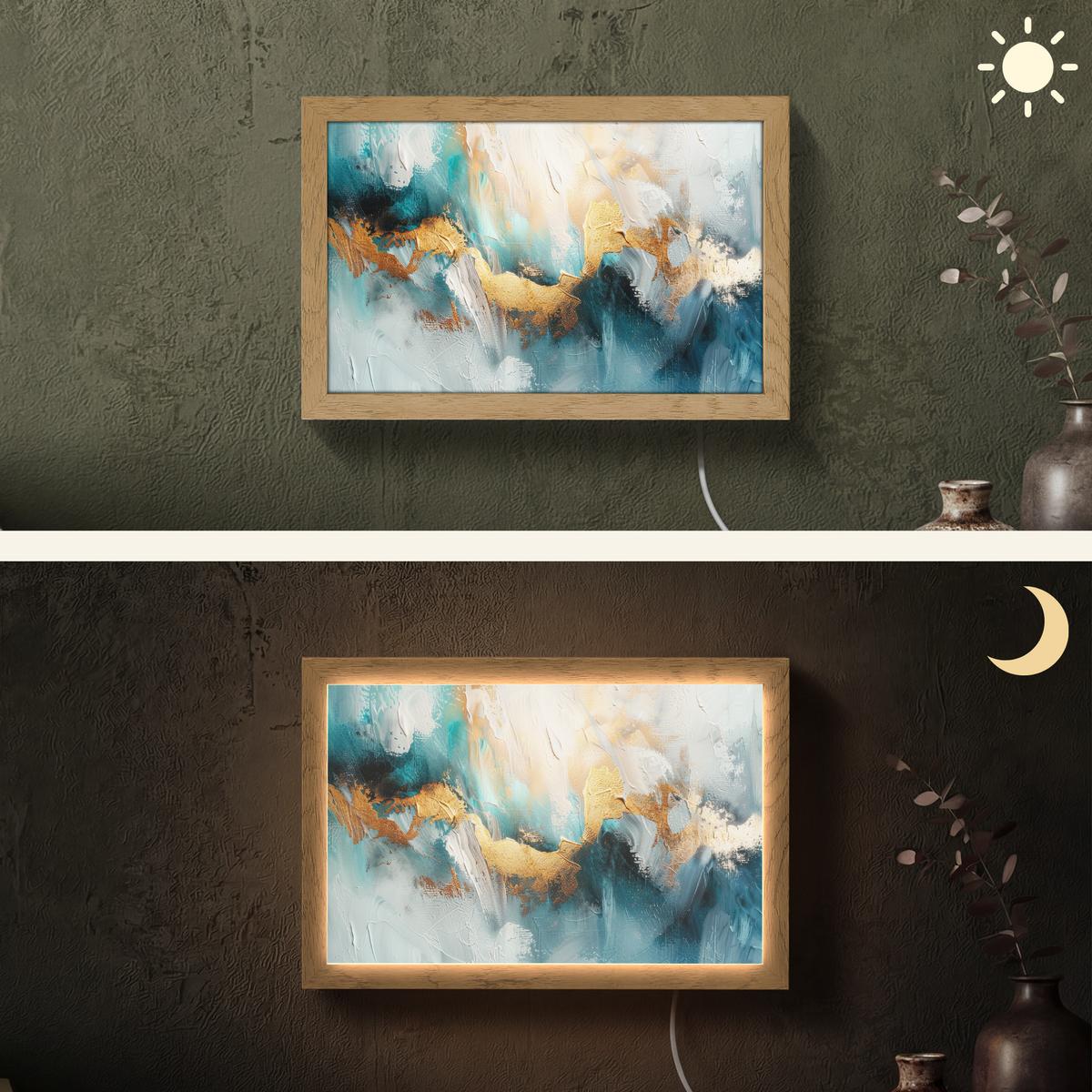 WANDLEUCHTE Abstrakt - Kunst - Gold - Blau 30x20 cm - Türkis, Holzwerkstoff (30/20/8cm) - OnlyWow