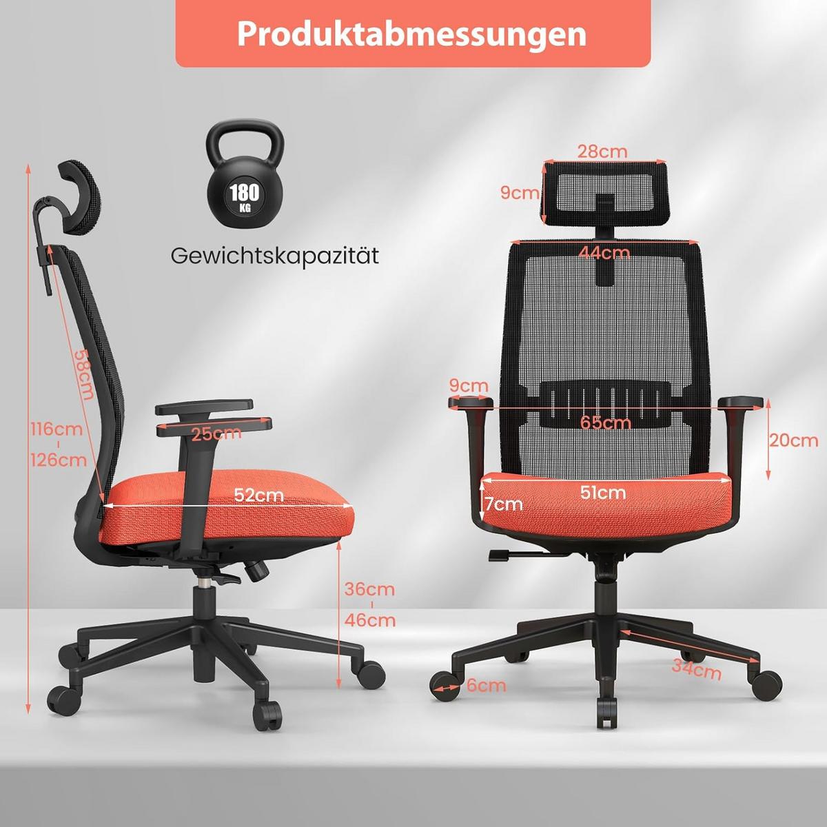 BÜROSTÜHL 126cm Schwarz - Schwarz, Metall (65/126/60cm) - COSTWAY