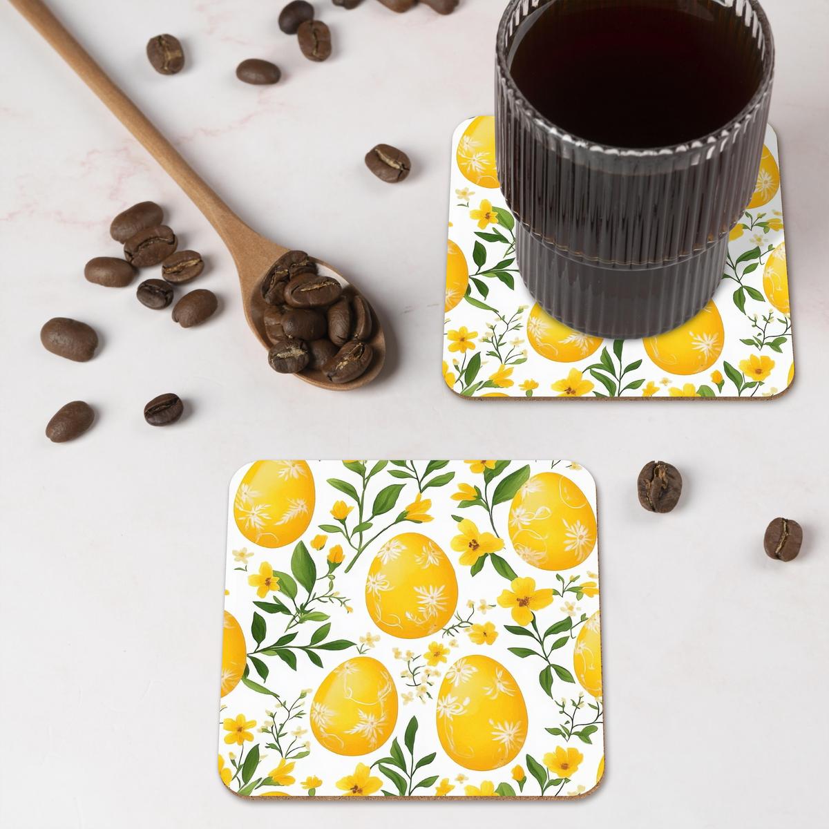 GLASUNTERSETZER 6er-Set Blumen - Ostereier - Gelb Tischset für Gläser 10x10 cm - Gelb, Naturmaterialien (10/0.2cm) - MuchoWow