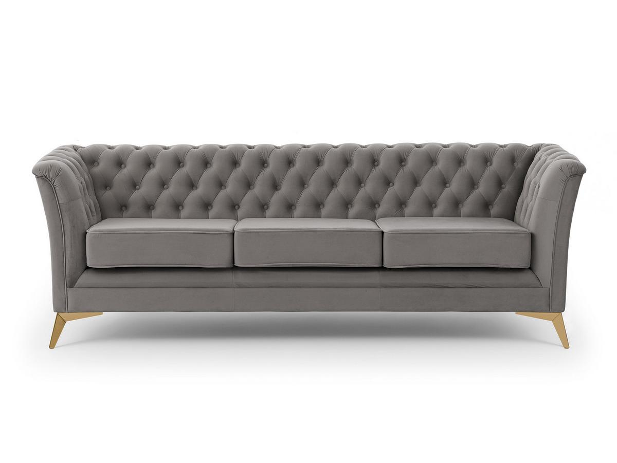 CHESTERFIELD-SOFA 3-sitzer Whitby Grau Samt mit goldenen Füßen - Goldfarben/Grau, Holz/Textil (237/78/82cm) - S-Style Möbel