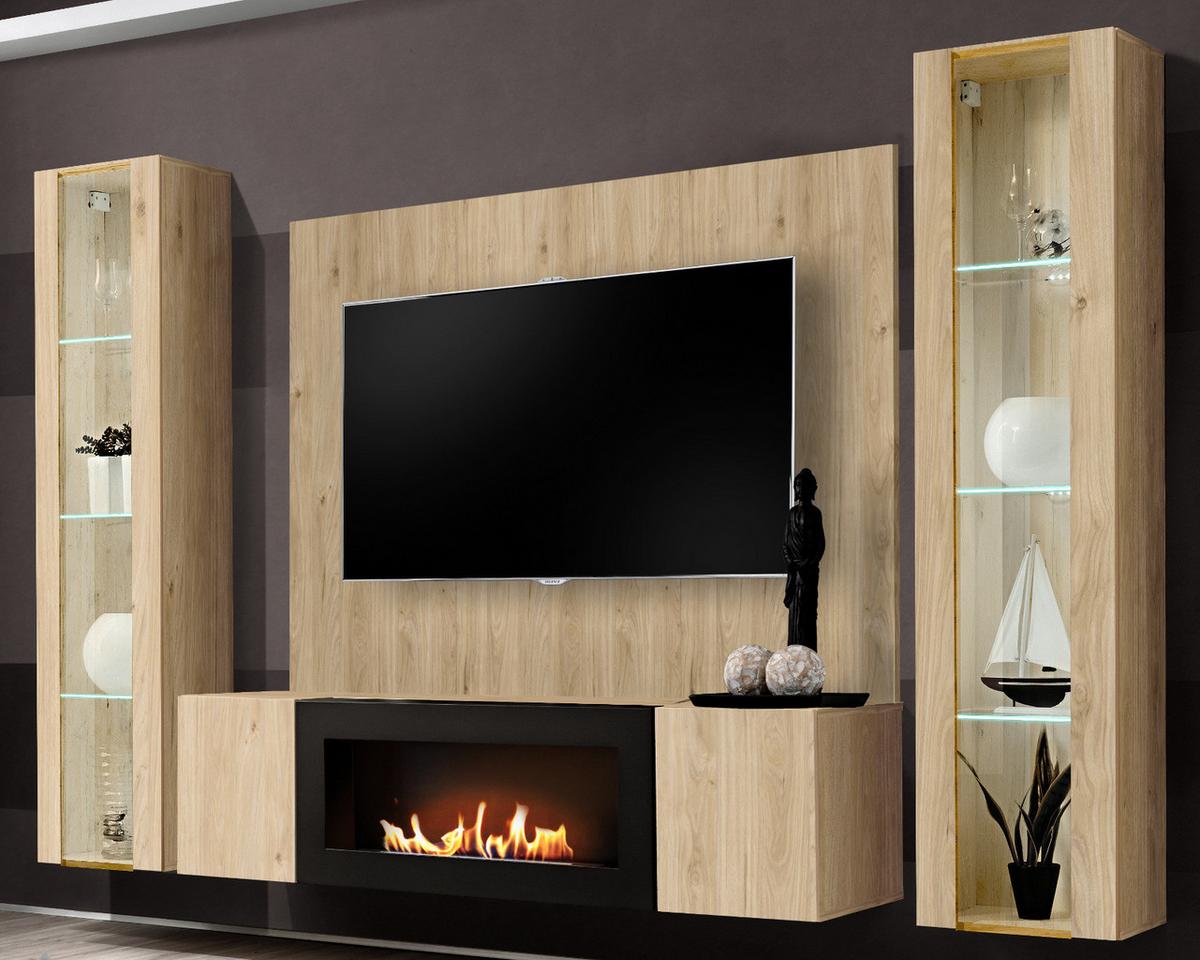 WOHNWAND Eiche Jackson 4-teilig 260 cm hängend, Schrankwand mit LED-Beleuchtung und Ethanol Kamin - Eichefarben, Glas/Holzwerkstoff (260/170/40cm) - Inn.Furn