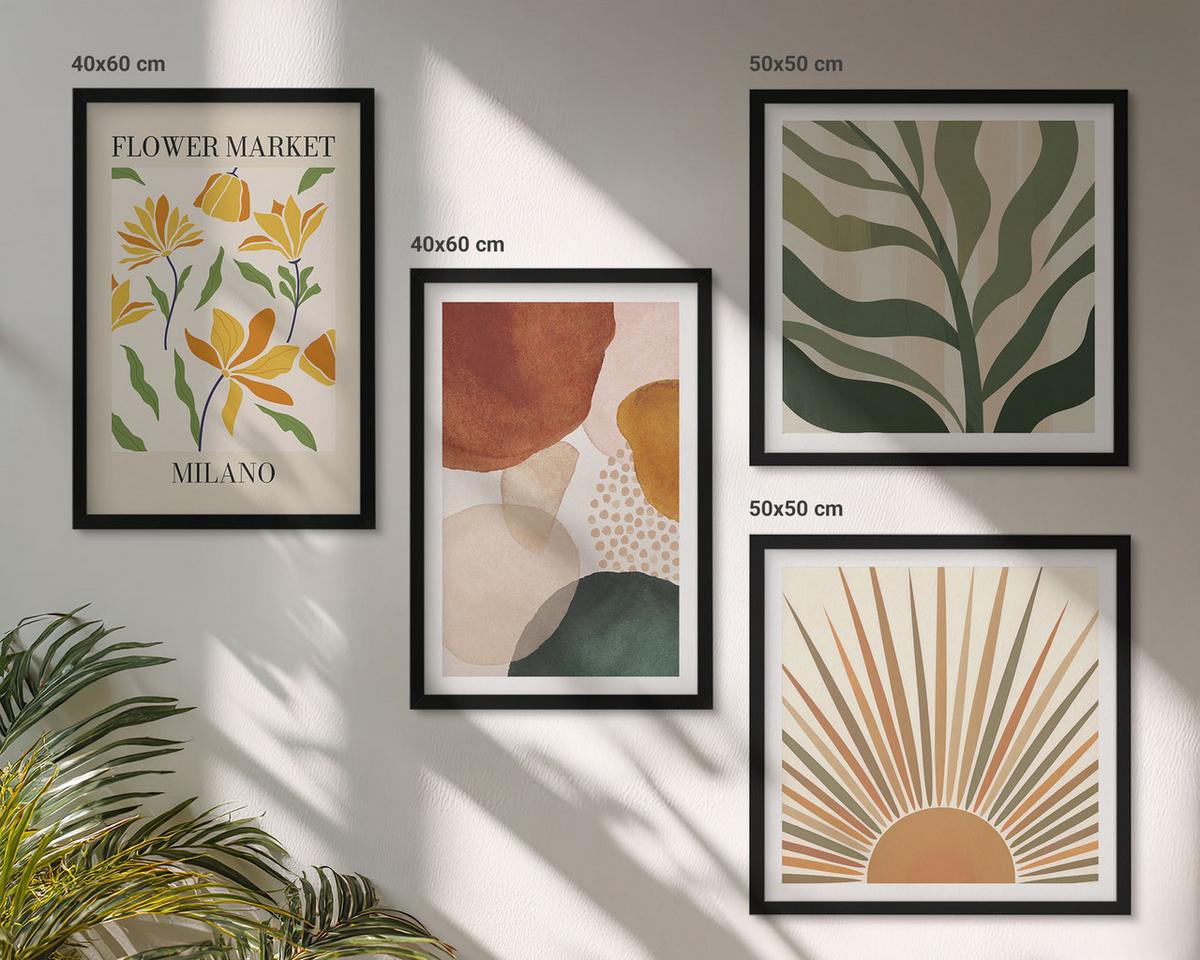BILDER SET 4er Set - 50x50 cm & 40x60 cm Schwarzer Rahmen - Abstrakte Blumenmotive - Schwarz, Kunststoff (50/50cm) - TULUP