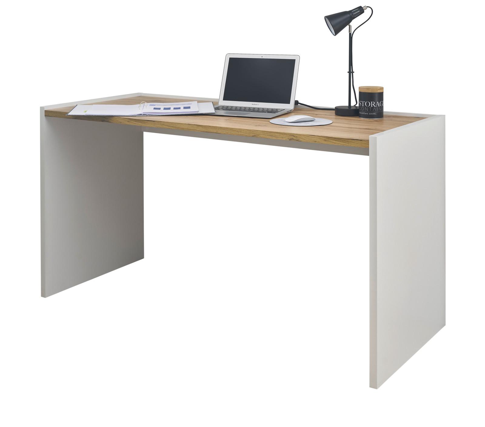 SCHREIBTISCH weiß matt, Eiche Wotan 143 x 62 cm, Laptoptisch mit großer Arbeitsfläche - Eiche Wotan/Silberfarben, Holzwerkstoff/Kunststoff (143/62/76cm) - Furn.Design